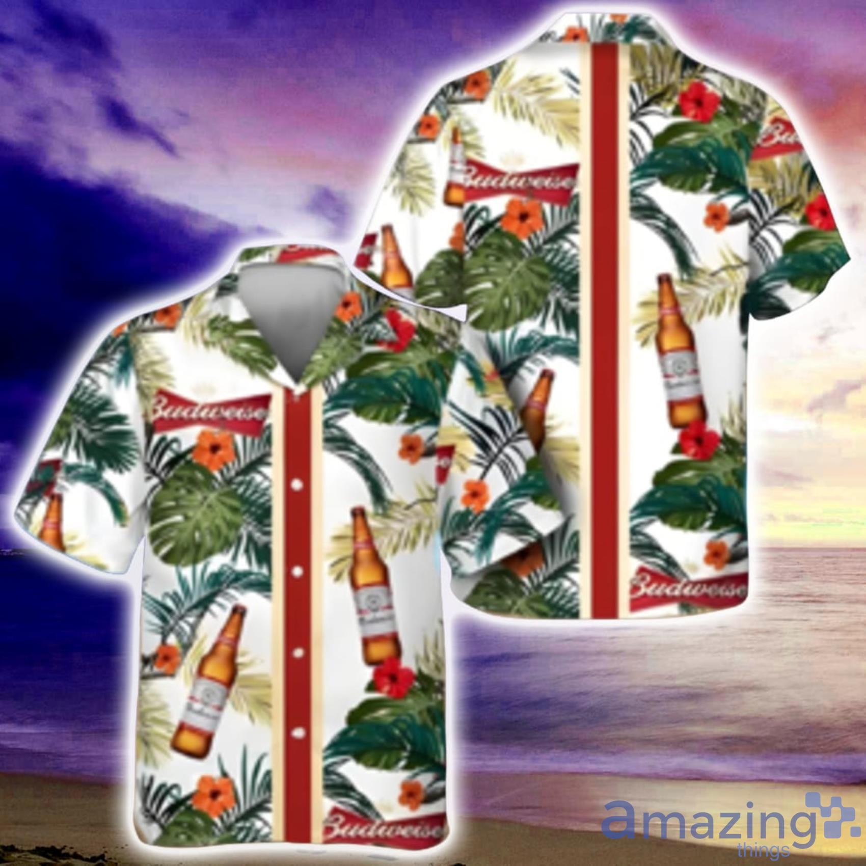 Budweiser Tropical Summer Flowers Green Leaves And Red Flowers Tropical White Hawaiian Shirt Product Photo 1