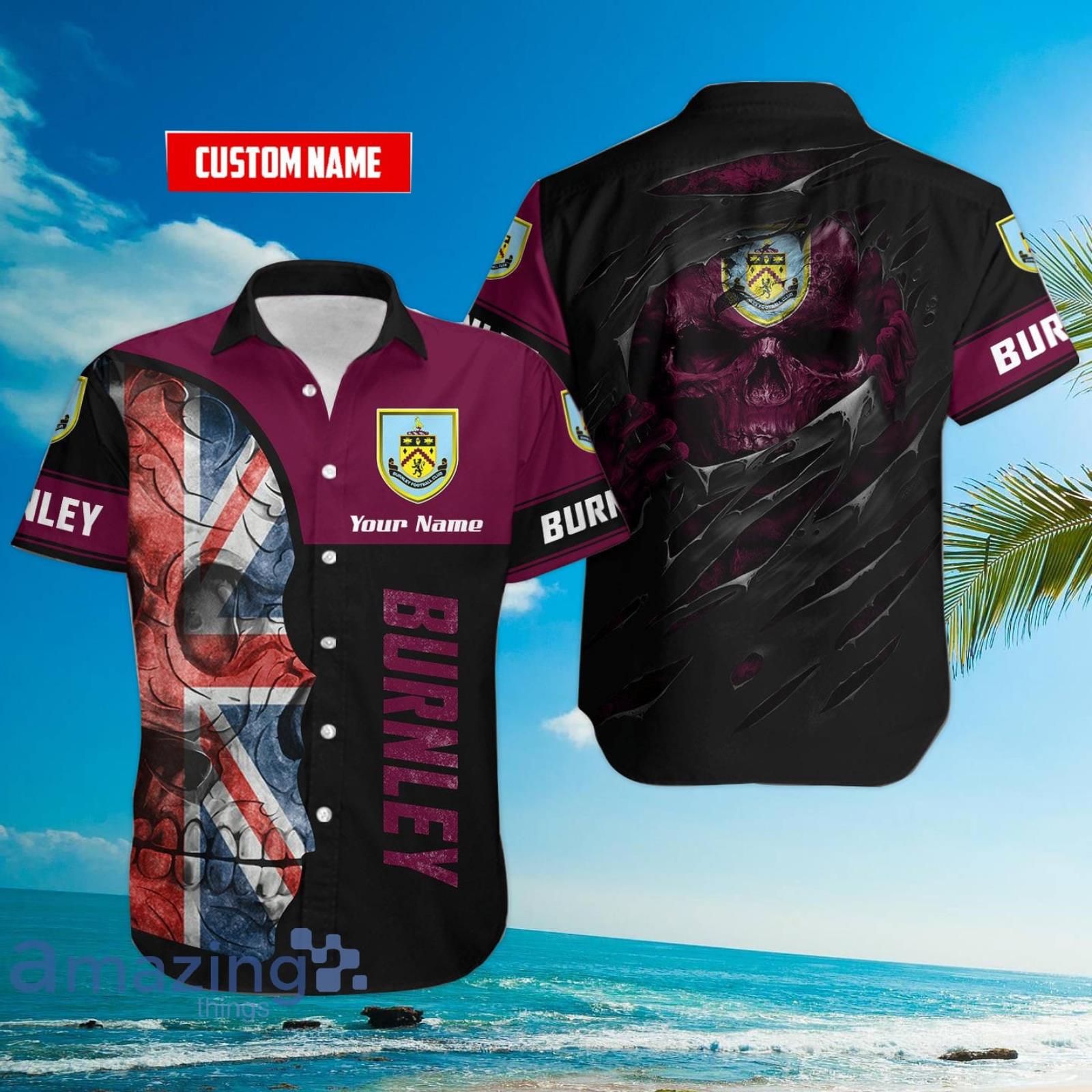 Burnley Flag Skull Custom Name 3D Hawaiian Shirt For Fans Product Photo 1 Burnley Flag Skull Custom Name 3D Hawaiian Shirt For Fans Product Photo 1