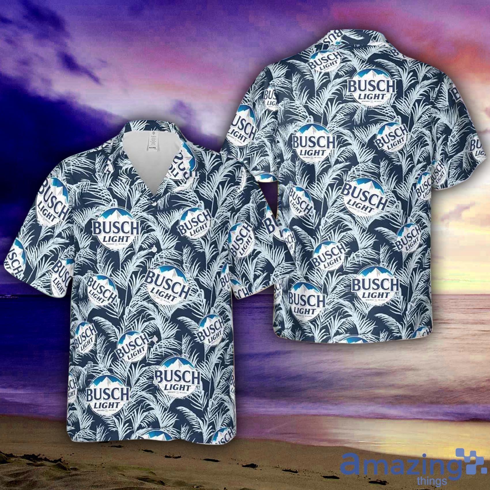 Busch Light White Leaves Pattern Blue Short Sleeve Hawaiian Shirt For Men Women Product Photo 1