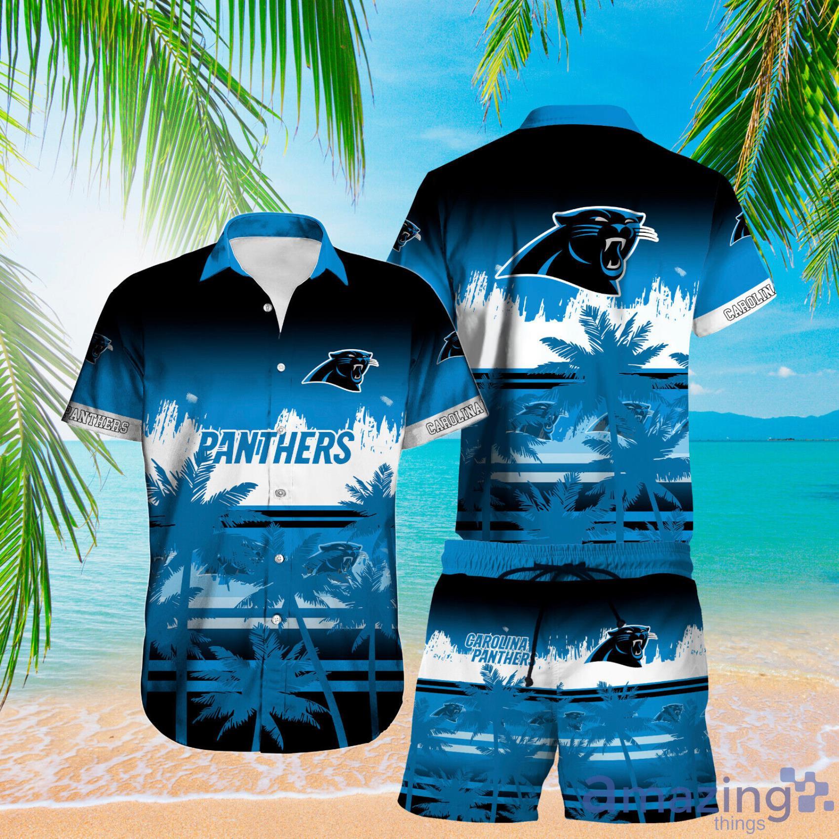 Carolina Panthers Grunge Texture And Coconut Tree Pattern Hawiian Shirt And Short - Carolina Panthers Mens Button Down Shirt2