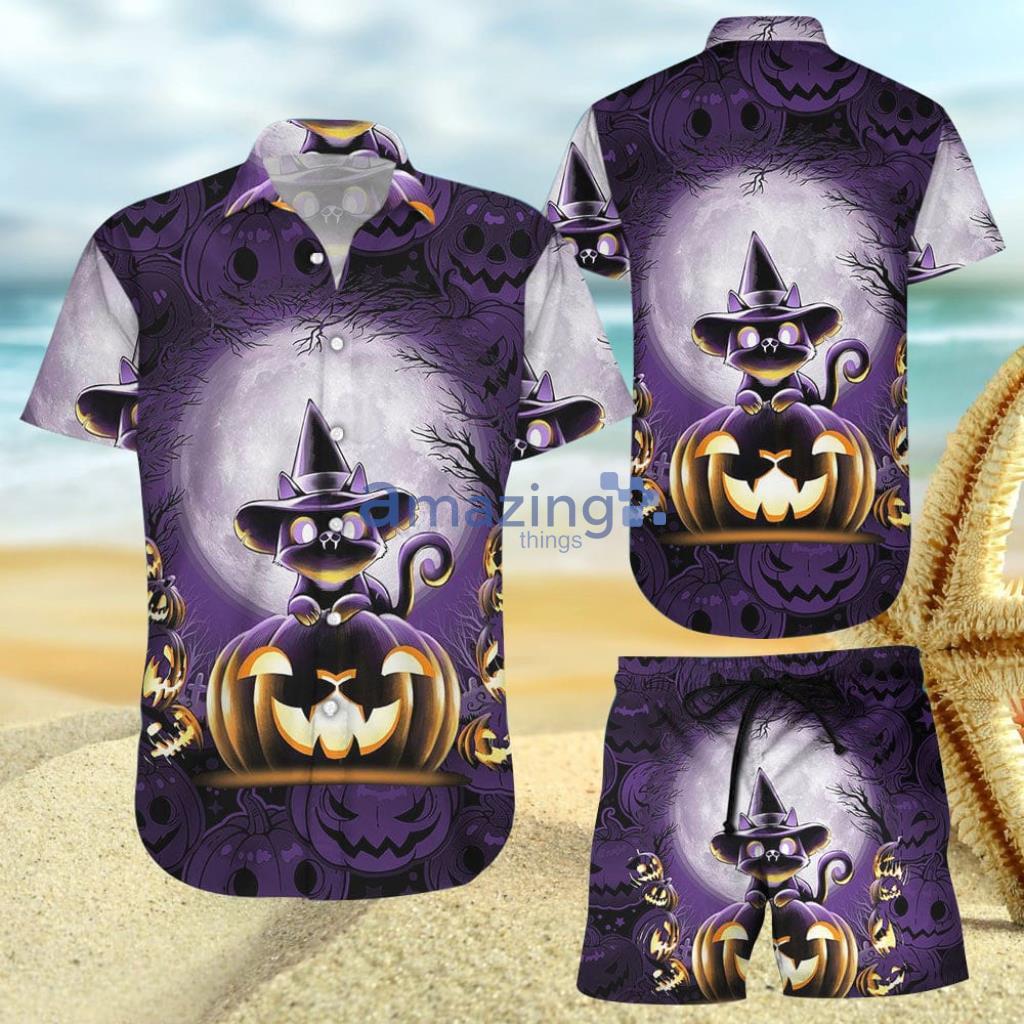 Cat Halloween Cute Cat Pumpkin In Purple Hawaiian Shirt And Short - Cat Halloween Cute Cat Pumpkin In Purple Hawaiian Shirt And Short