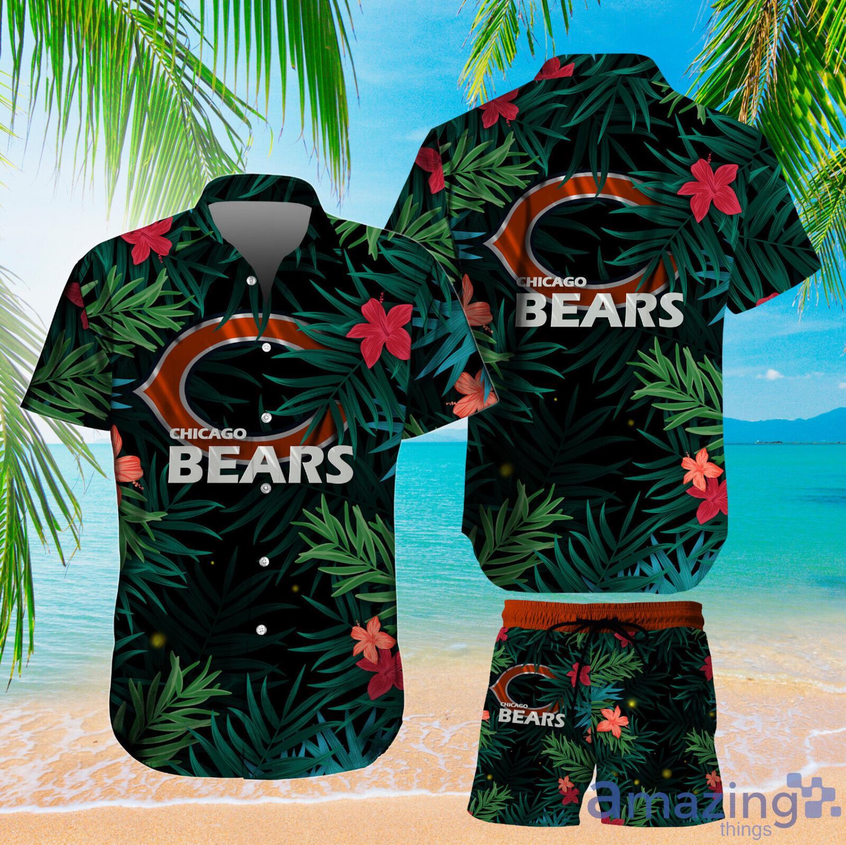 Chicago Bears Green Tropical Leaves And Red Habicus Hawaiian Shirt And Short