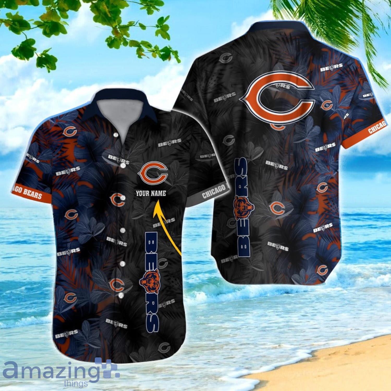 Chicago Bears NFL Leaf Pattern All Over Print Custom Name Hawaiian Shirt  Summer Gift For Fans