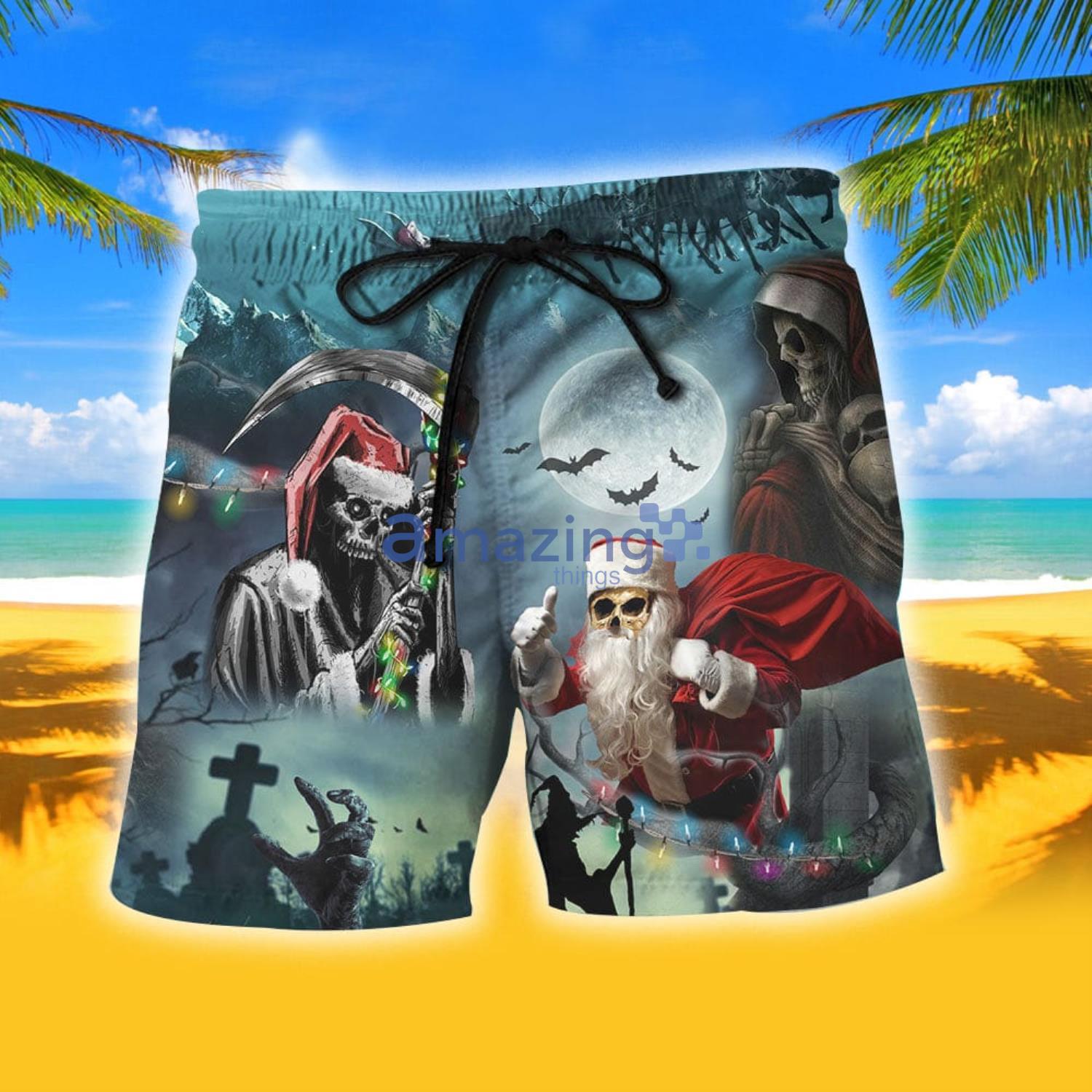 Christmas Santa Claus Skull Tropical Aloha Combo Hawaiian Shirt And Shorts Gift For Summer image Christmas Santa Claus Skull Tropical Aloha Combo Hawaiian Shirt And Shorts Gift For Summer Product Photo 2