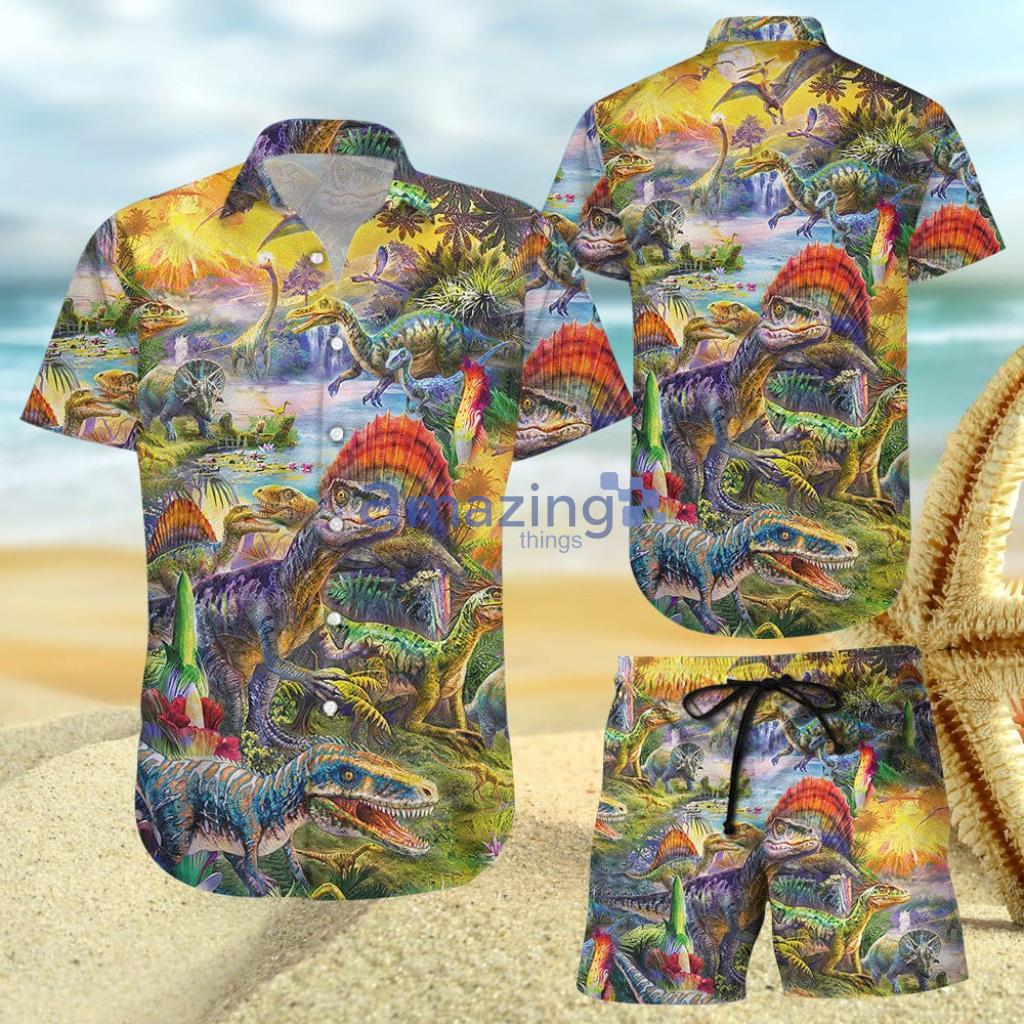 Colorful Dinosaur Aloha Button Down Hawaiian Shirt And Short - Colorful Dinosaur Aloha Button Down Hawaiian Shirt And Short