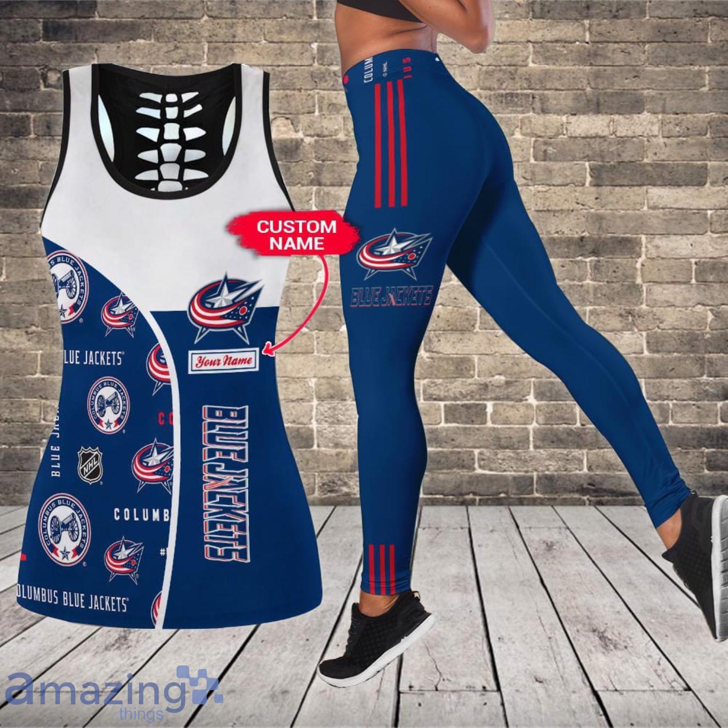 Columbus Blue Jackets Custom Name Leggings And Hollow Tank Top For Women Product Photo 1