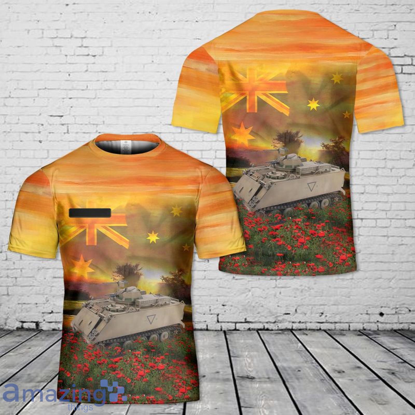 Custom Name Australian Army M113A1 APC w T50 turret Vietnam War ANZAC Day Red Poppy 3D T-Shirt Product Photo 1
