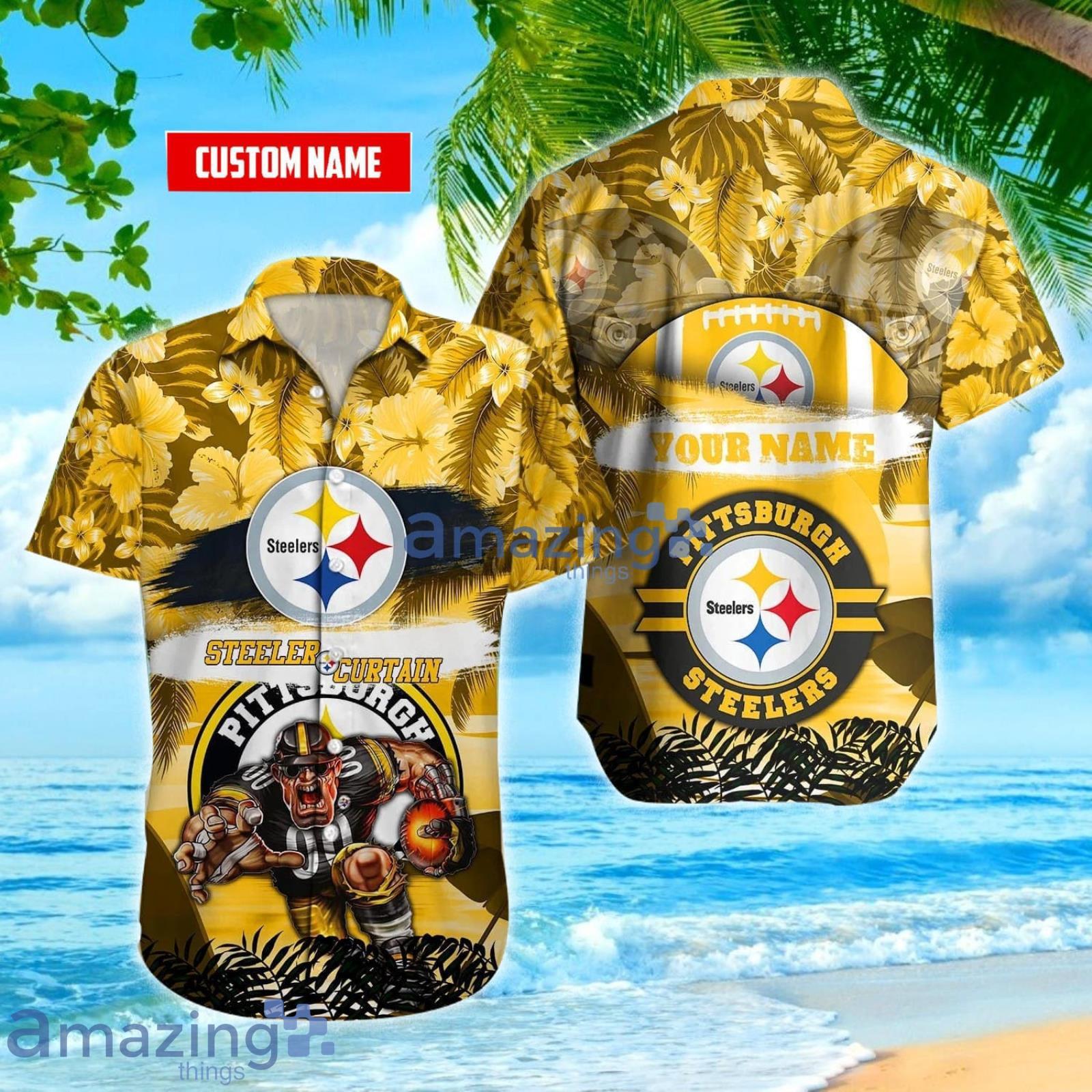 Custom Name Pittsburgh Steelers Mascot And Flower Print Hawaiian Shirt Product Photo 1