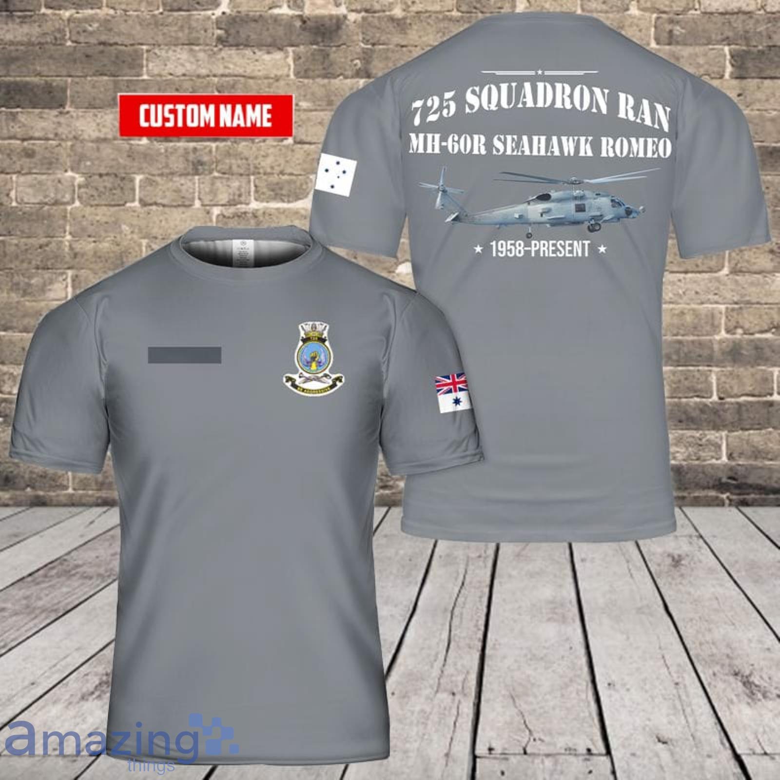 Custom Name Royal Australian Navy 725 Squadron RAN MH-60R Seahawk Romeo Grey 3D T-Shirt  For Fans Product Photo 1