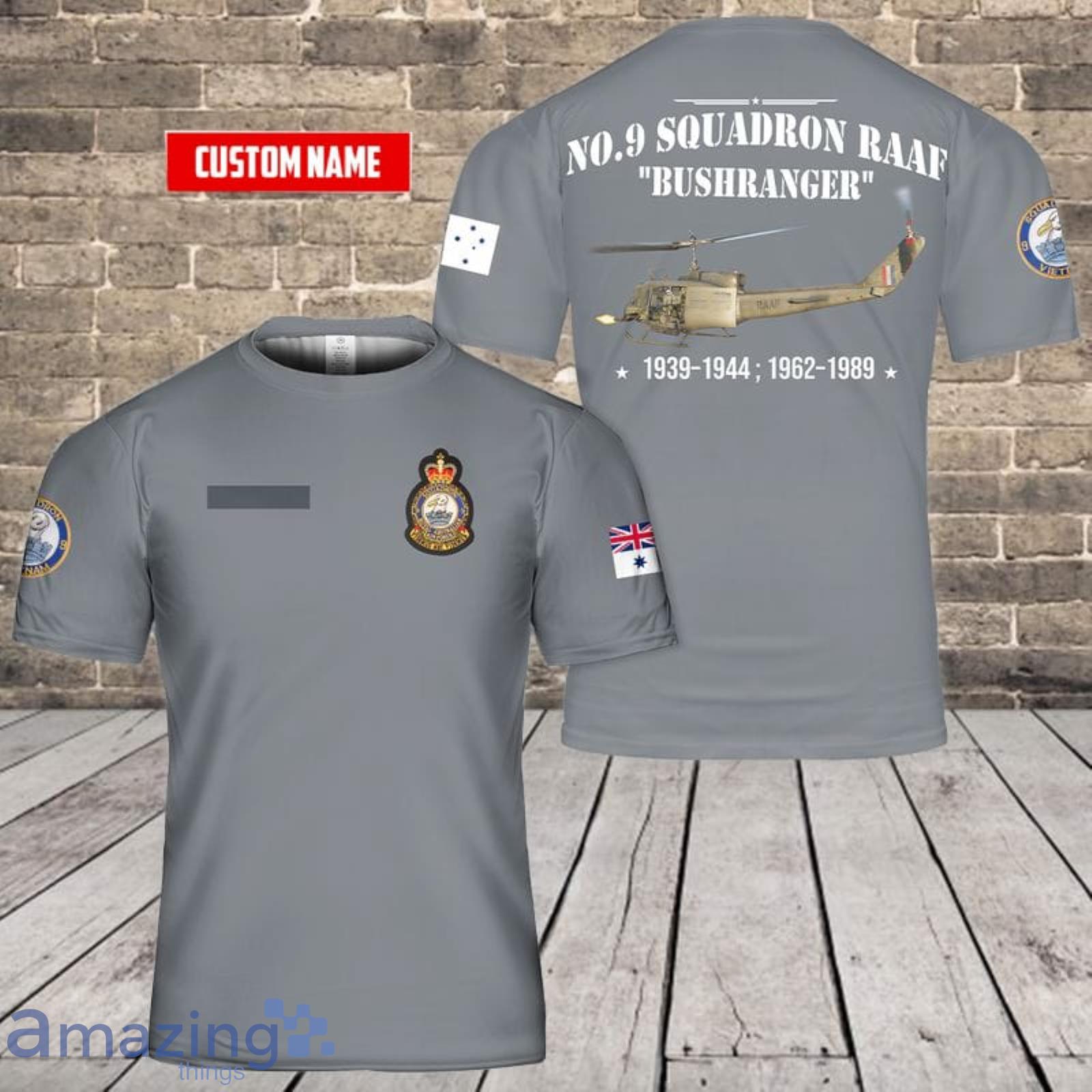 Custom Name Royal Australian Navy No. 9 Squadron RAAF Bushranger Bell UH-1D Iroquois 3D T-Shirt  For Fans Product Photo 1