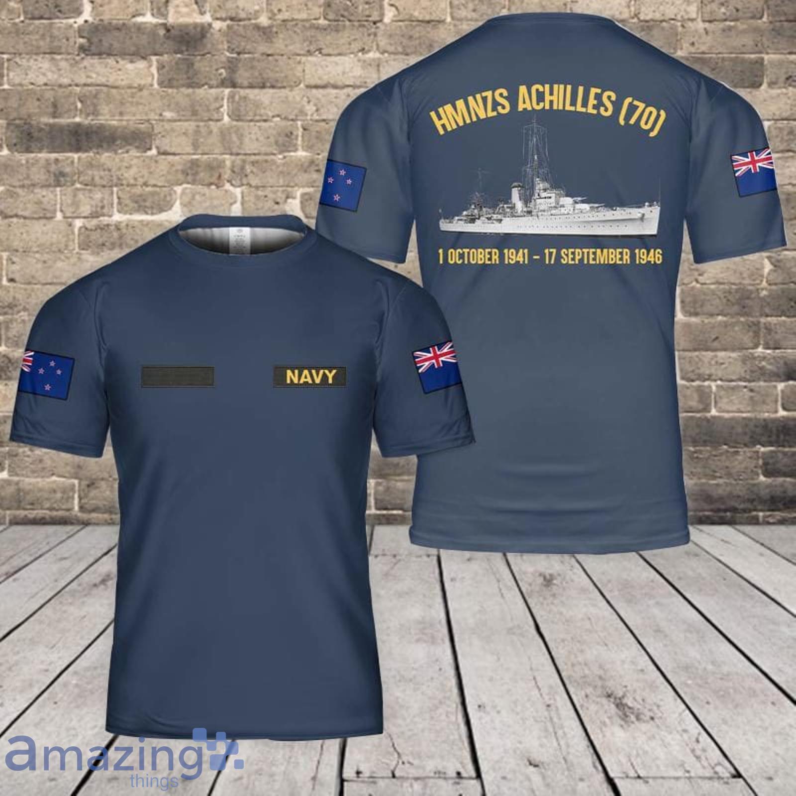 Custom Name Royal New Zealand Navy HMNZS Achilles (70) Leander-class light cruiser In WWII 3D T-Shirt Product Photo 1