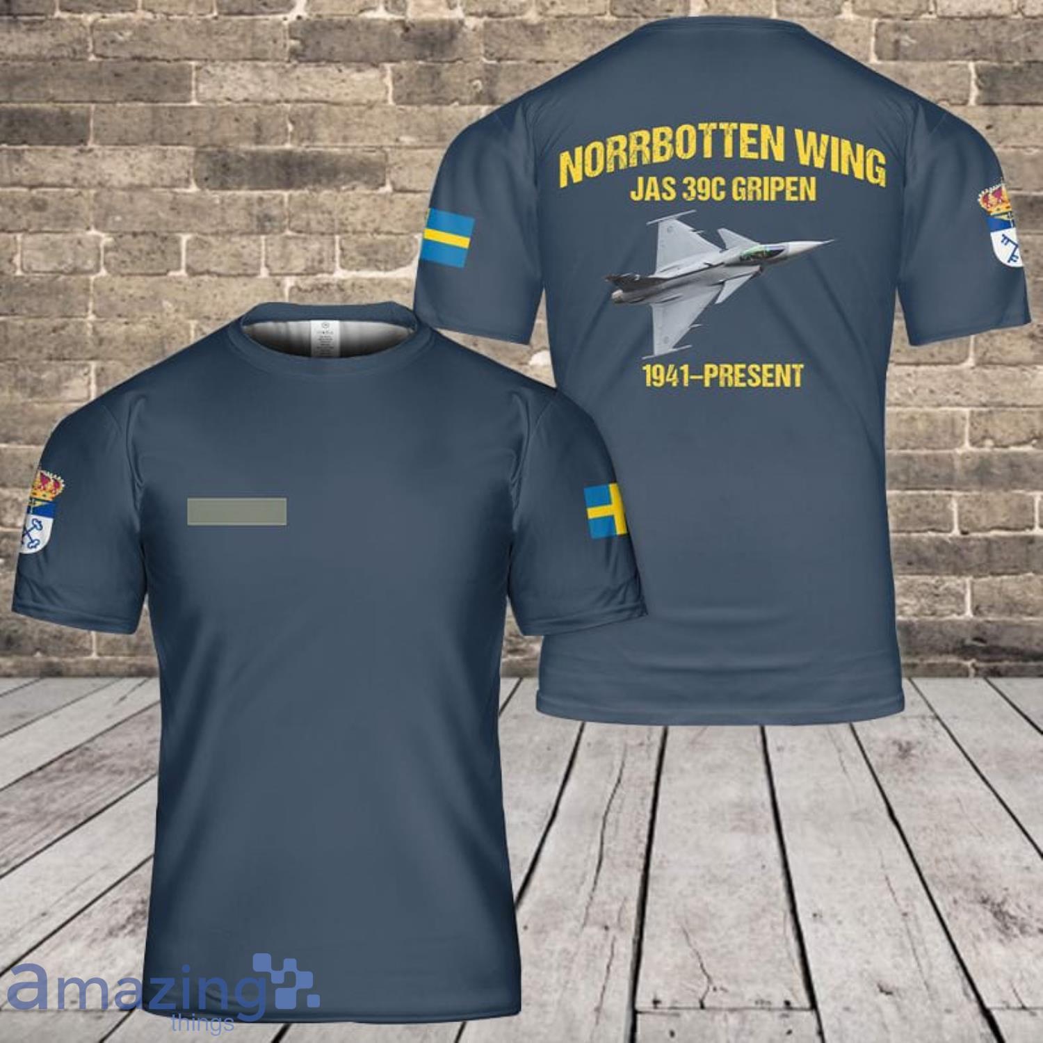 Custom Name Swedish Air Force Norrbotten Wing Saab JAS 39C Gripen 3D T-Shirt Product Photo 1
