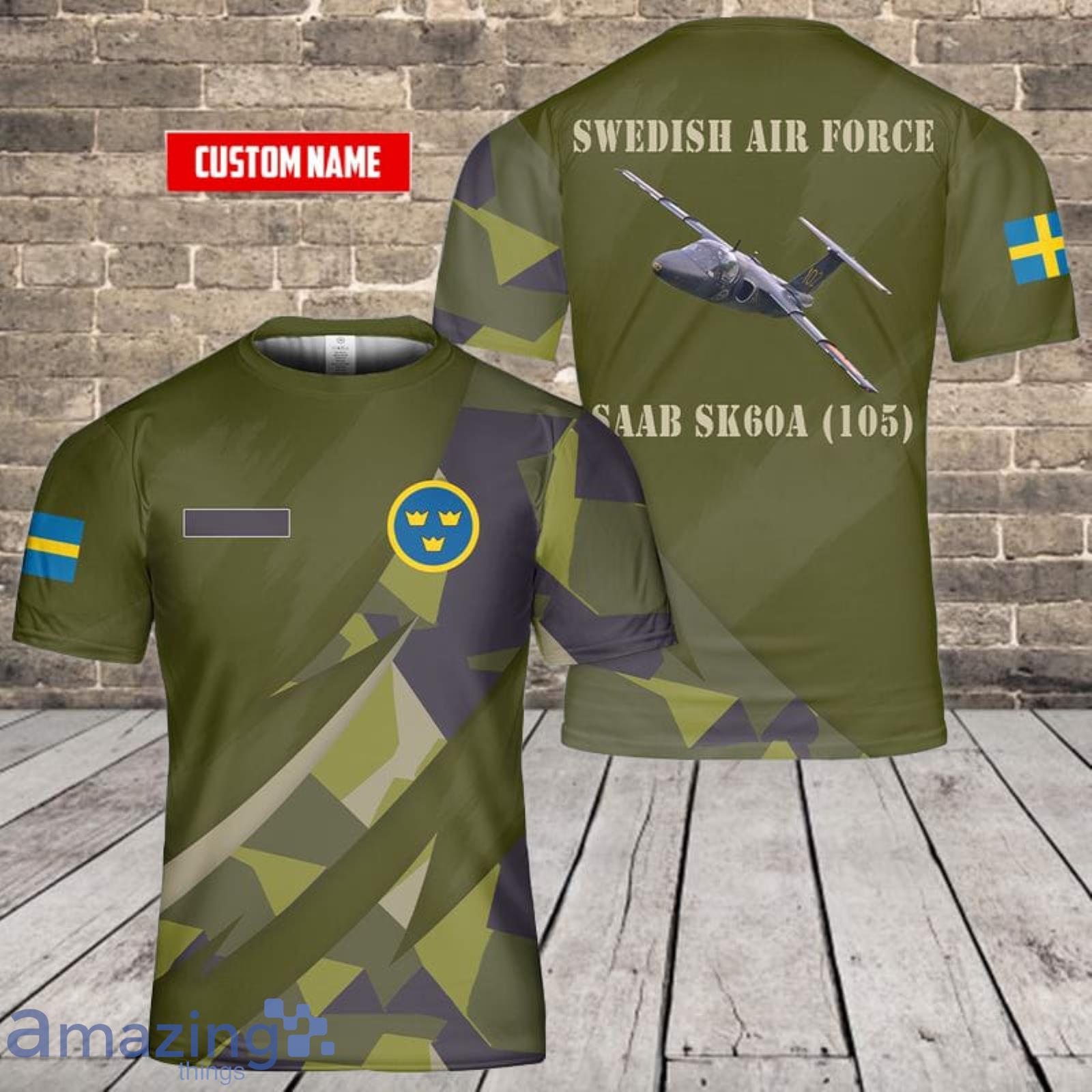 Custom Name Swedish Air Force Saab Sk60A (105) 3D T-Shirt  For Fans Product Photo 1