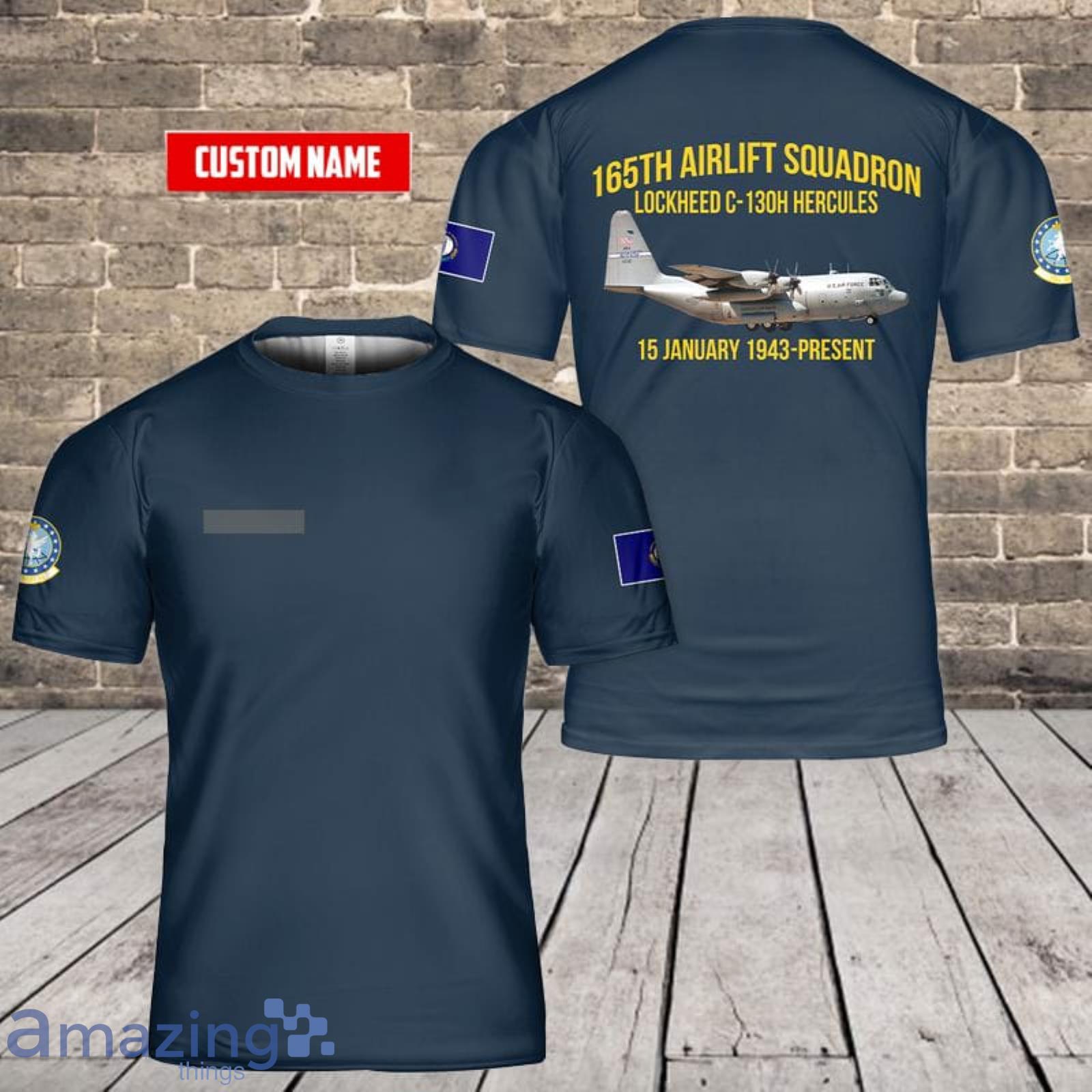 Custom Name US Air Force Kentucky Air National Guard 165th Airlift Squadron Lockheed C-130H Hercules 3D T-Shirt  For Fans Product Photo 1
