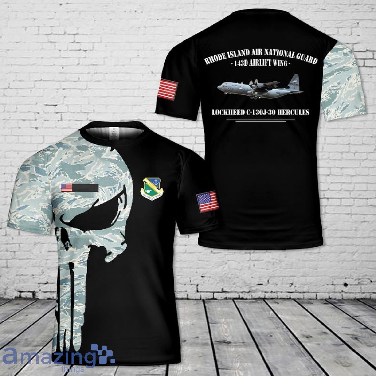 Custom Name US Air Force Rhode Island Air National Guard 143d Airlift Wing Lockheed C-130J-30 Hercules 3D T-Shirt Product Photo 1