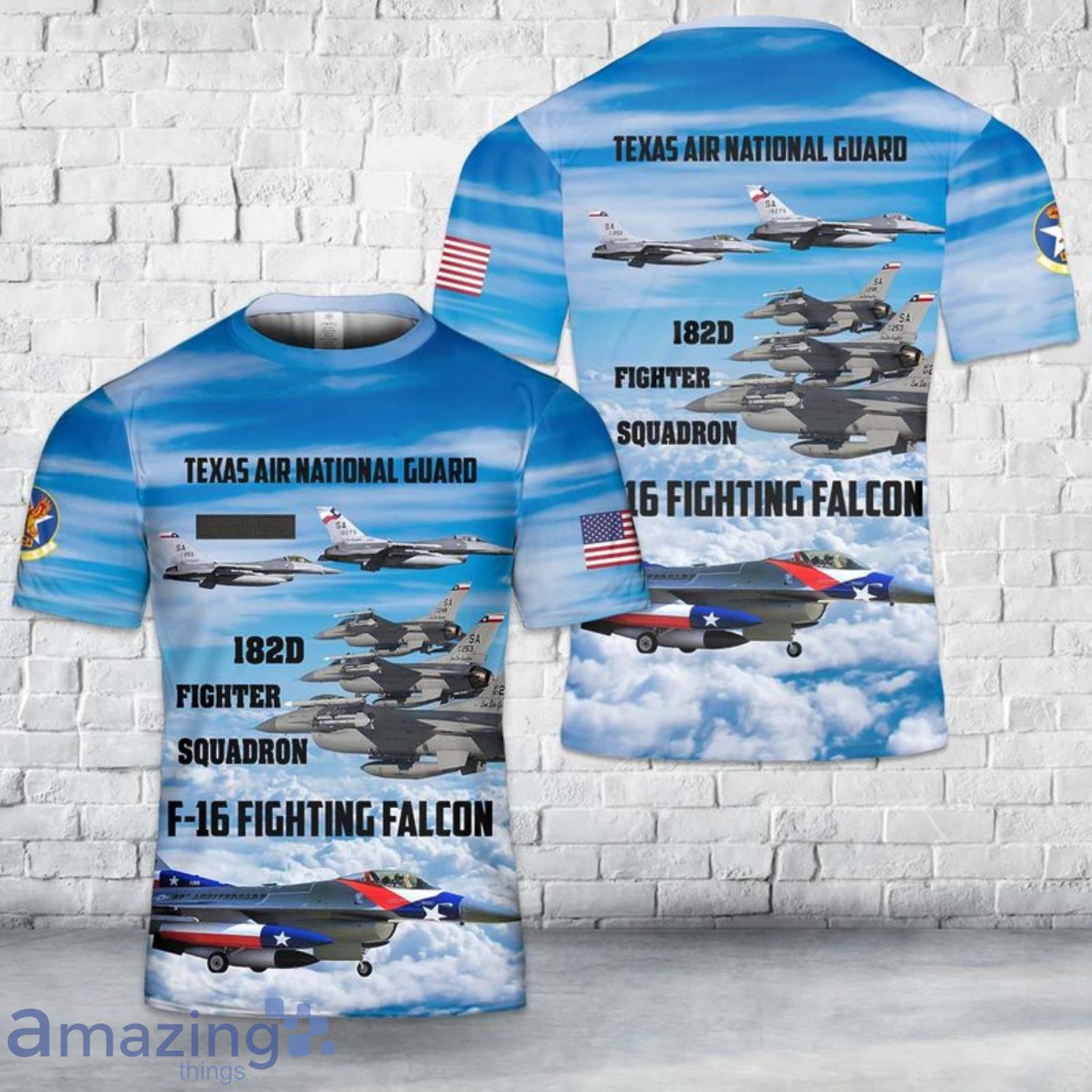 Custom Name US Air Force Texas Air National Guard 182d Fighter Squadron F-16 Fighting Falcon 3D T-Shirt Product Photo 1