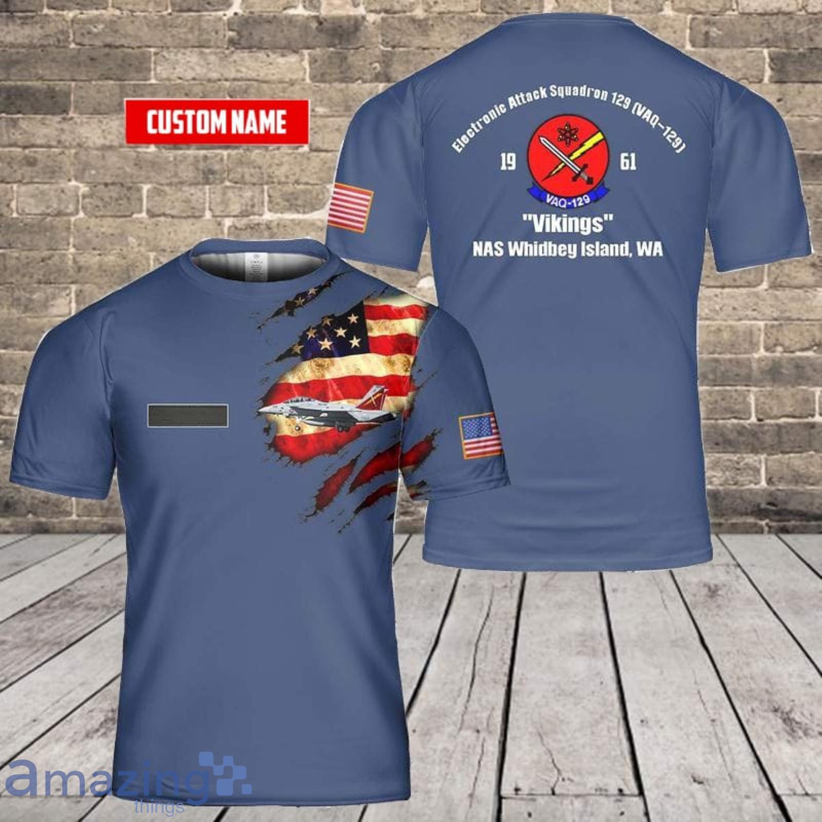 Custom Name US Navy Electronic Attack Squadron 129 (VAQ-129) Vikings EA-18G Growler 3D T-Shirt  For Fans Product Photo 1