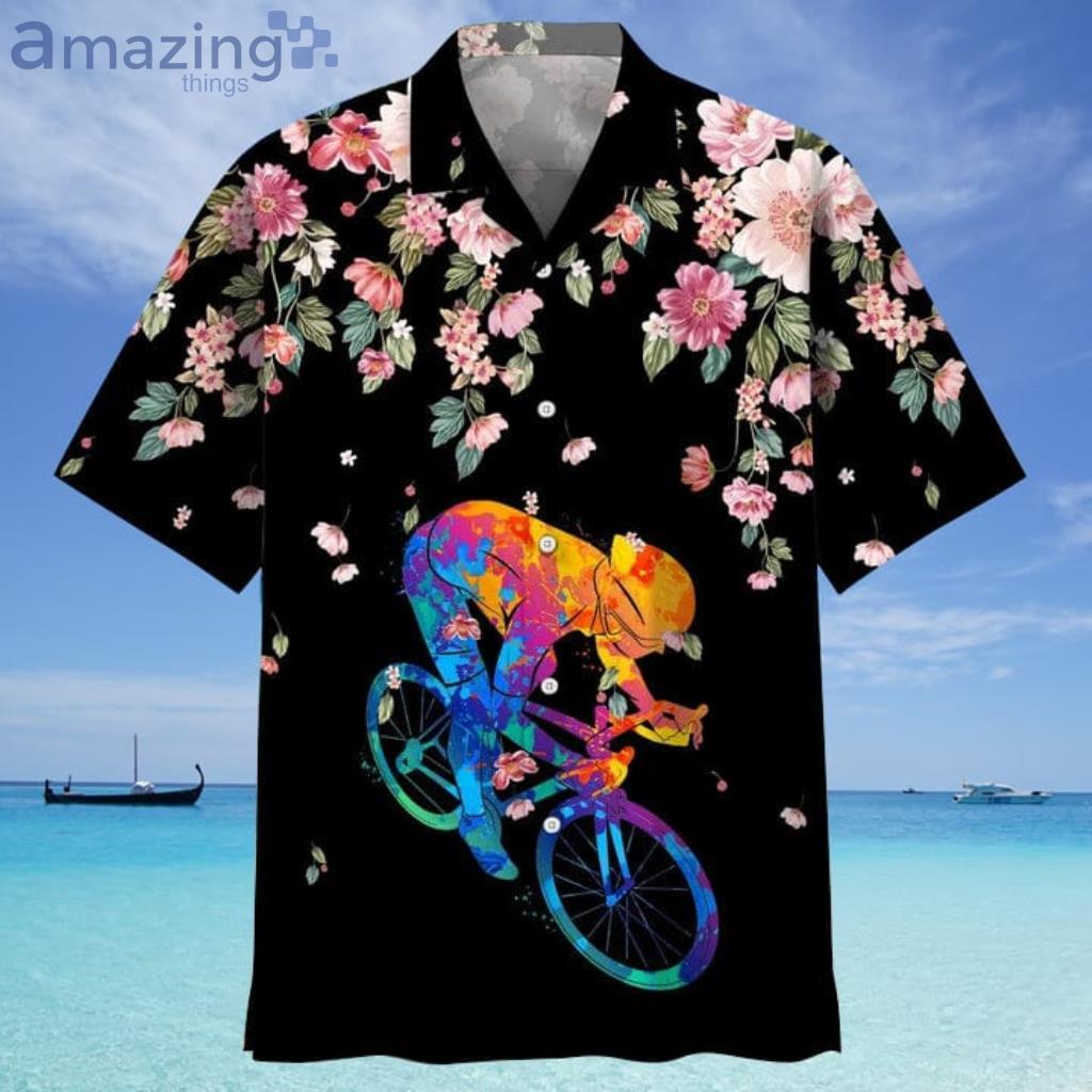 Cycling Floral Background Tropical Black Hawaiian Shirt - Cycling Floral Background Tropical Black Hawaiian Shirt