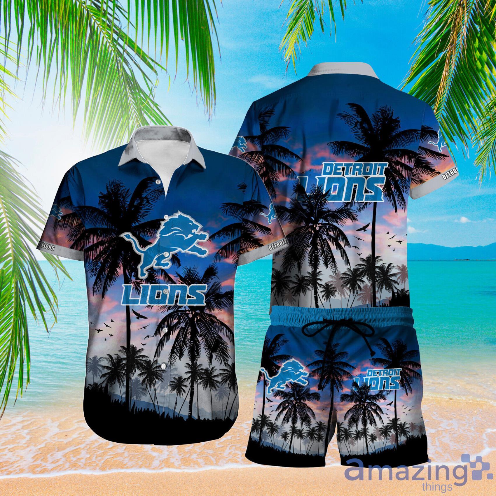 Detroit Lions Amzazing Sunset And Coconut Trees Aloha Hawaiian Shirt And Beach Short - Detroit Lions Mens Button Down Shirt5