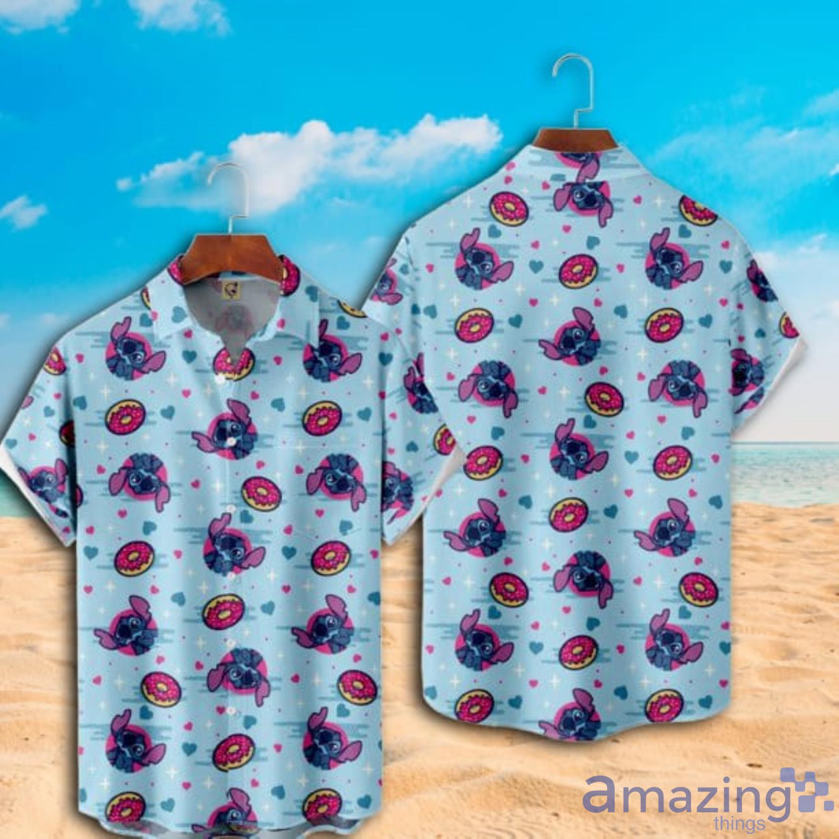 Disney Aloha Stitch Ohana And Donuts Light Blue Hawaiian Shirt Product Photo 1