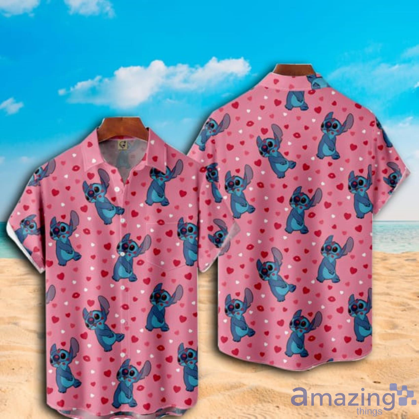 Disney Aloha Stitch Ohana Heart Pink Hawaiian Shirt For Men And Women Product Photo 1