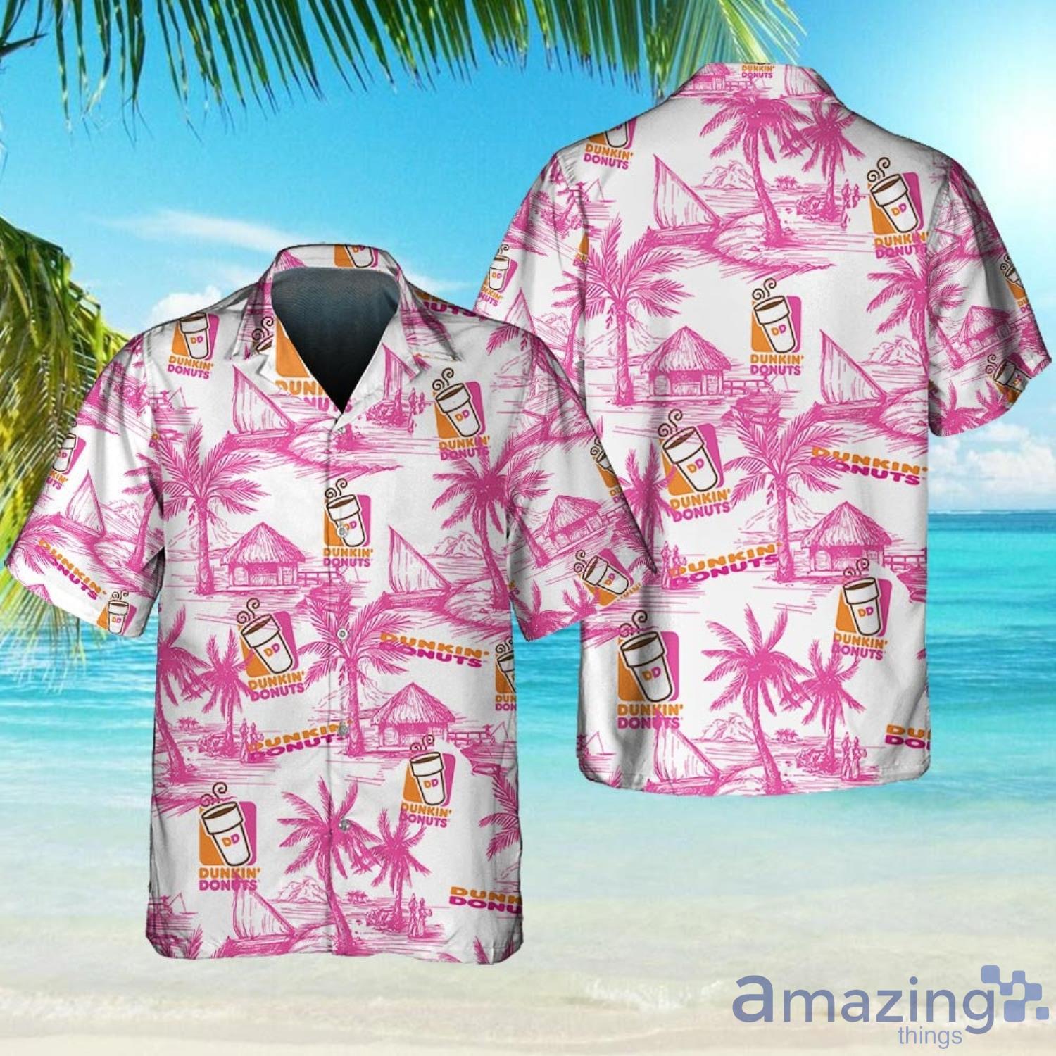 Dunkin Donuts Food Tropical Flower Pink Aloha Hawaiian Shirt And Beach Short Set Product Photo 1