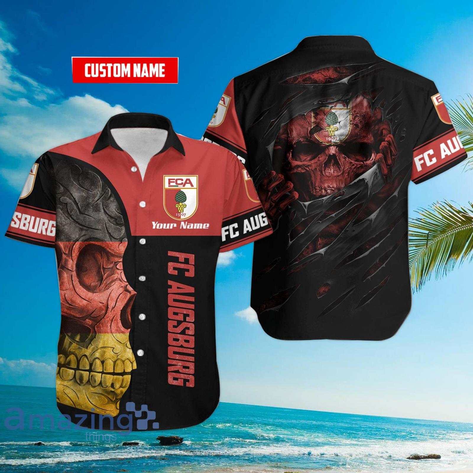 FC Augsburg Flag Skull Custom Name 3D Hawaiian Shirt For Fans Product Photo 1 FC Augsburg Flag Skull Custom Name 3D Hawaiian Shirt For Fans Product Photo 1