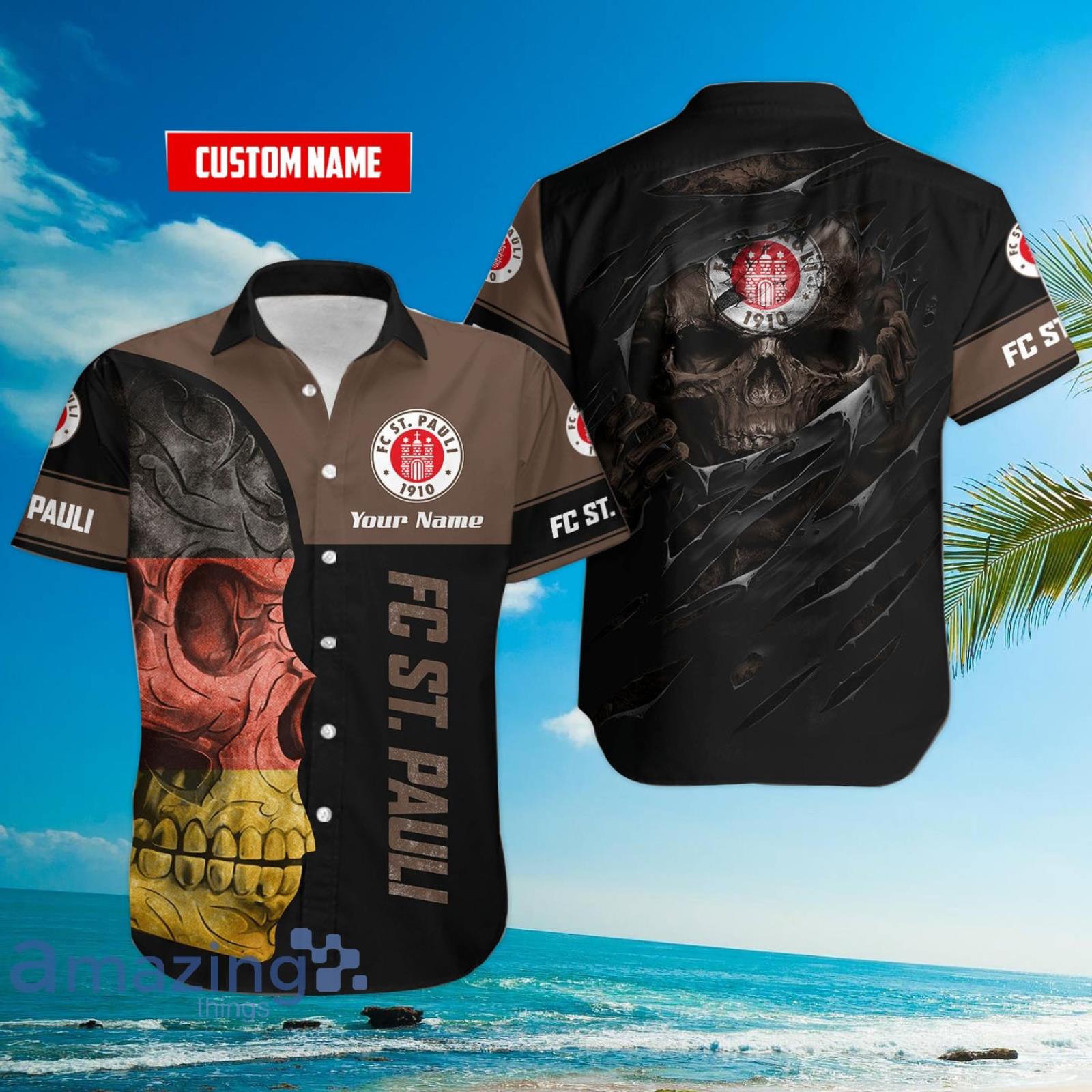 FC St. Pauli Flag Skull Custom Name 3D Hawaiian Shirt For Fans Product Photo 1