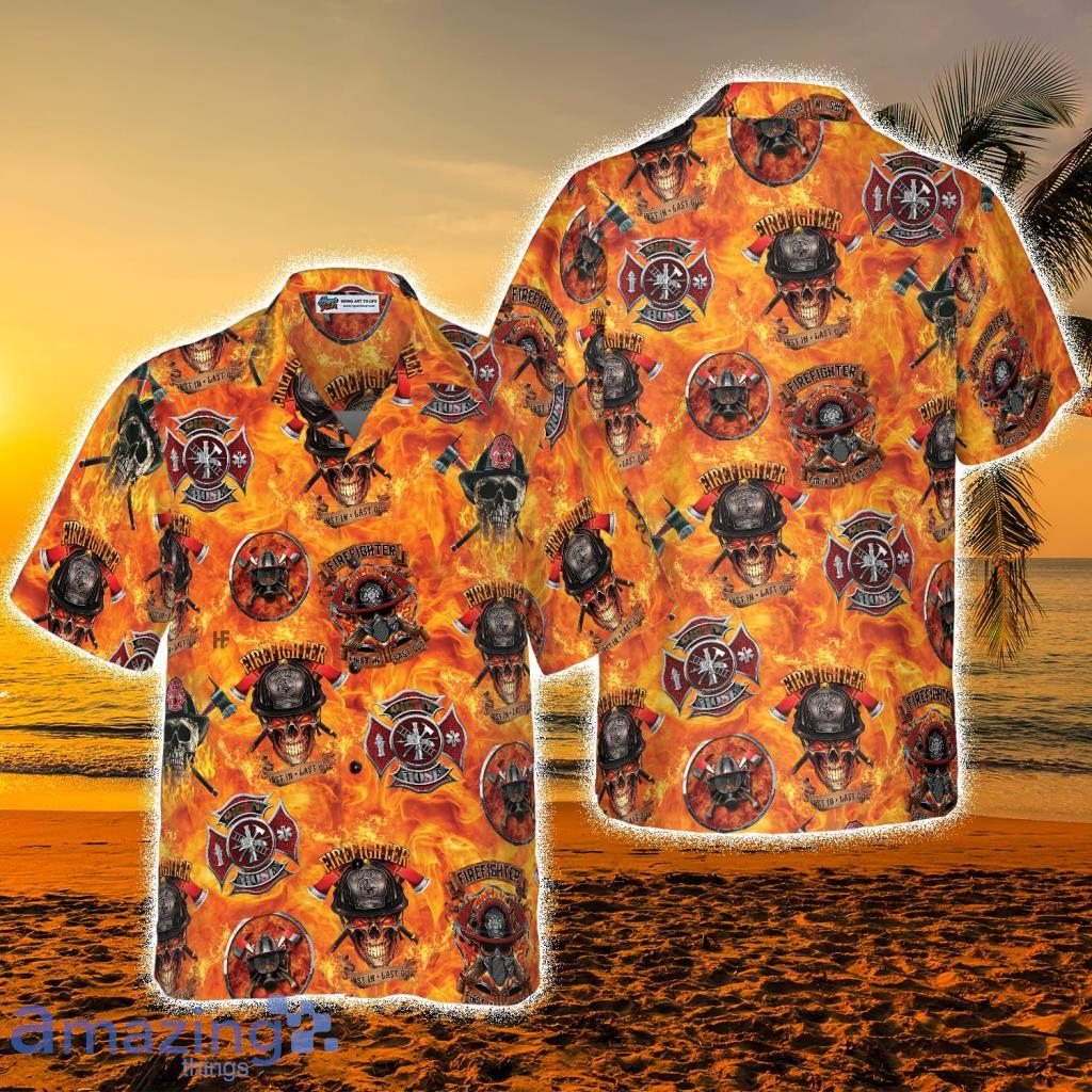 First In Last Out Firefighter Viking Style Flame Skull Shield Tropical Hawaiian Shirt - First In Last Out Firefighter Viking Style Flame Skull Shield Tropical Hawaiian Shirt