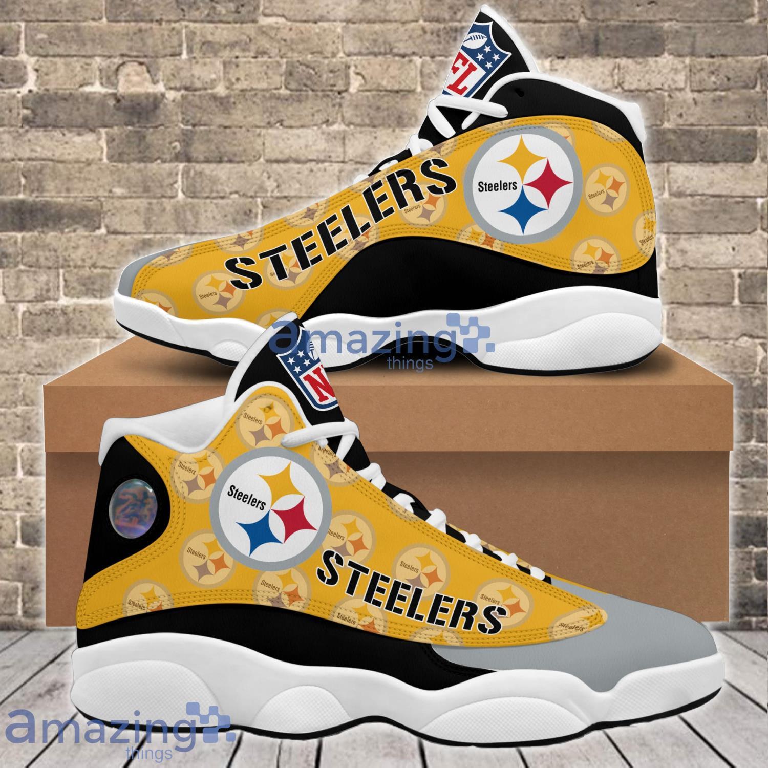 Football Sneakers P. Steelers Sport Team Pattern Air Jordan 13 Shoes For Fans image Football Sneakers P. Steelers Sport Team Pattern Air Jordan 13 Shoes For Fans Product Photo 2