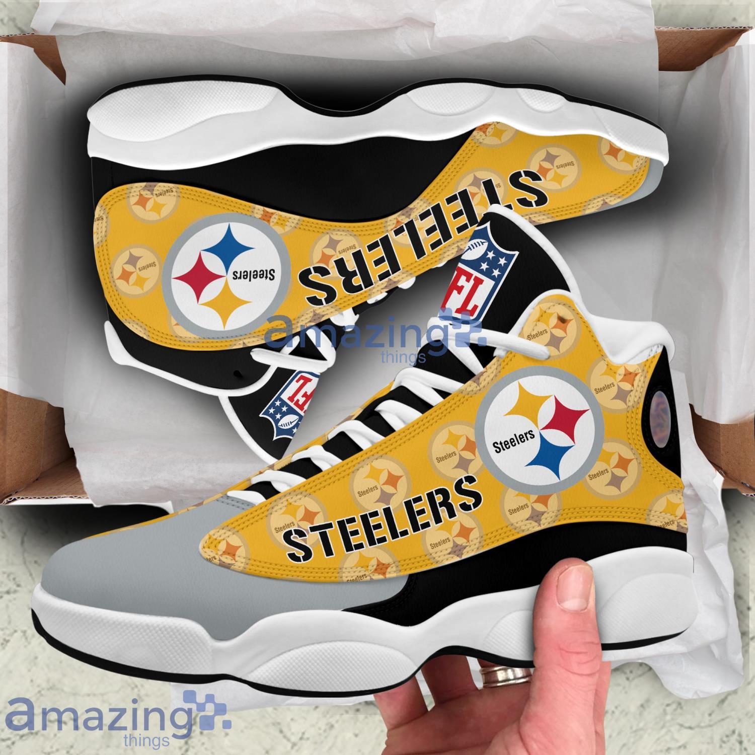 Football Sneakers P. Steelers Sport Team Pattern Air Jordan 13 Shoes For Fans Product Photo 1 Football Sneakers P. Steelers Sport Team Pattern Air Jordan 13 Shoes For Fans Product Photo 1