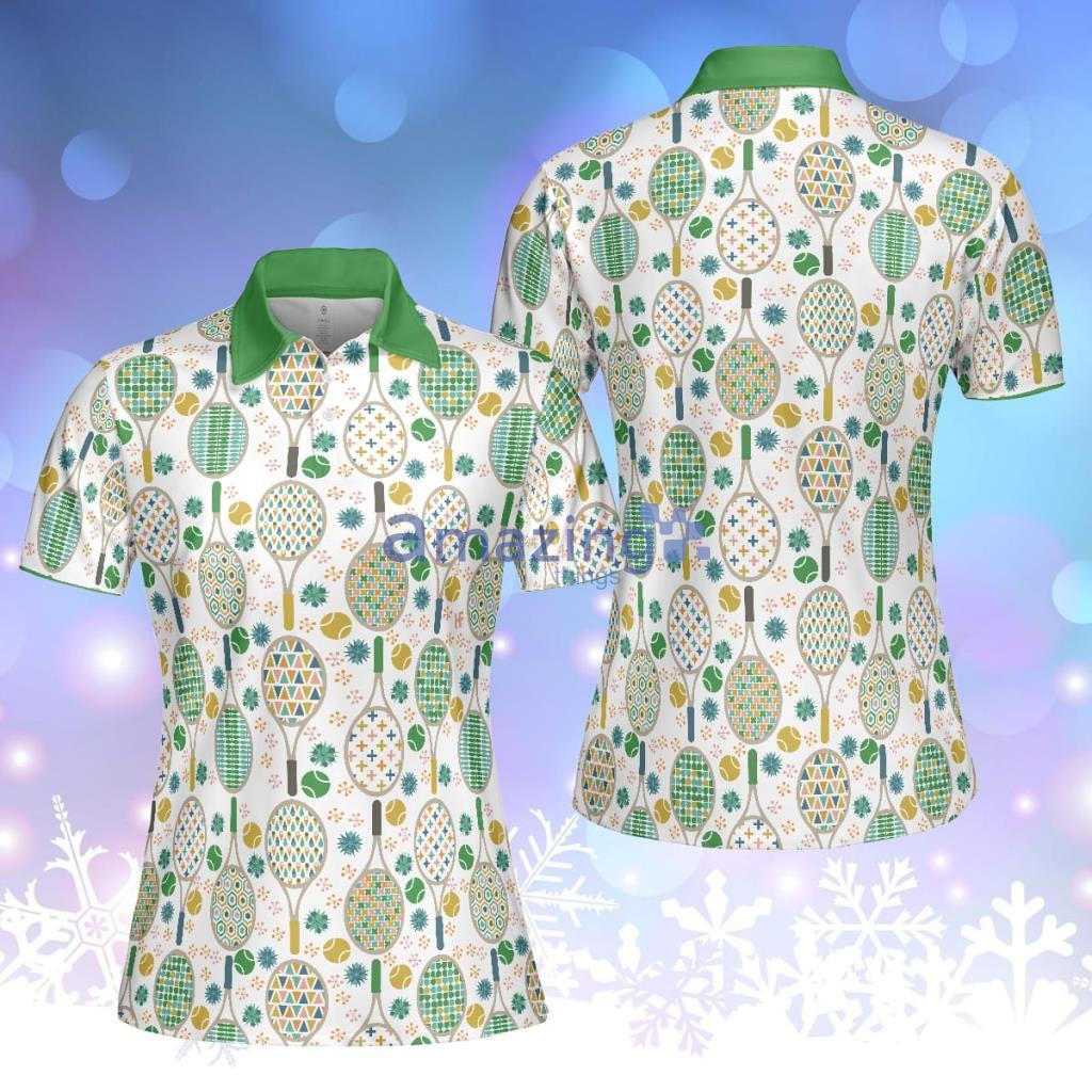 Green And Golden Tennis Pattern Short Sleeve Women Polo Shirt - Green And Golden Tennis Pattern Short Sleeve Women Polo Shirt