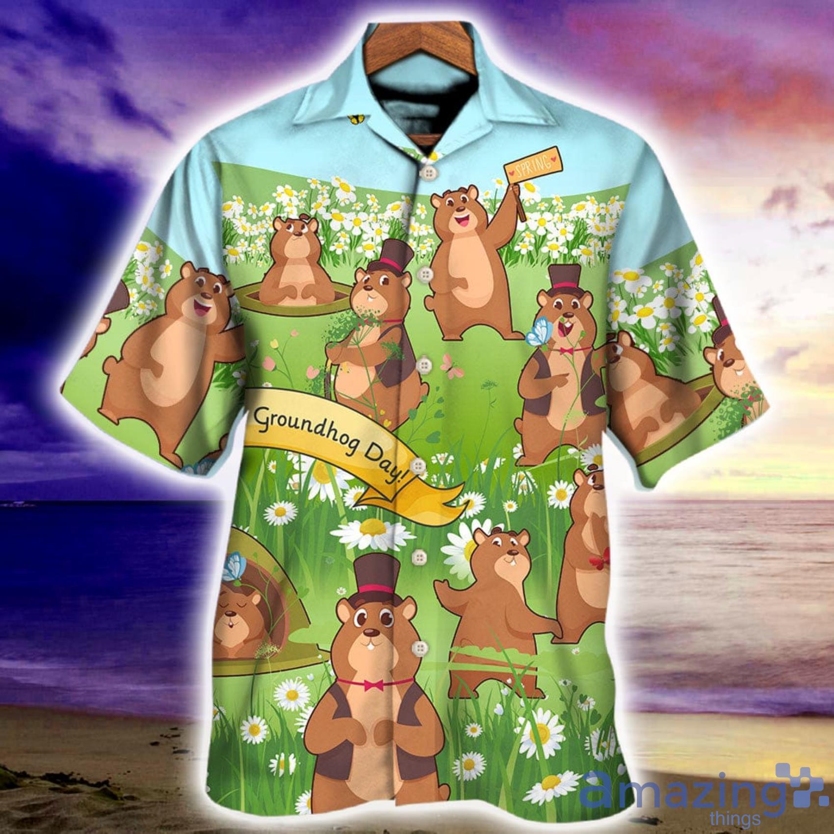 Groundhog Day Grass Flowers Happy Life All Over Print Hawaiian Shirt image Groundhog Day Grass Flowers Happy Life All Over Print Hawaiian Shirt Product Photo 2
