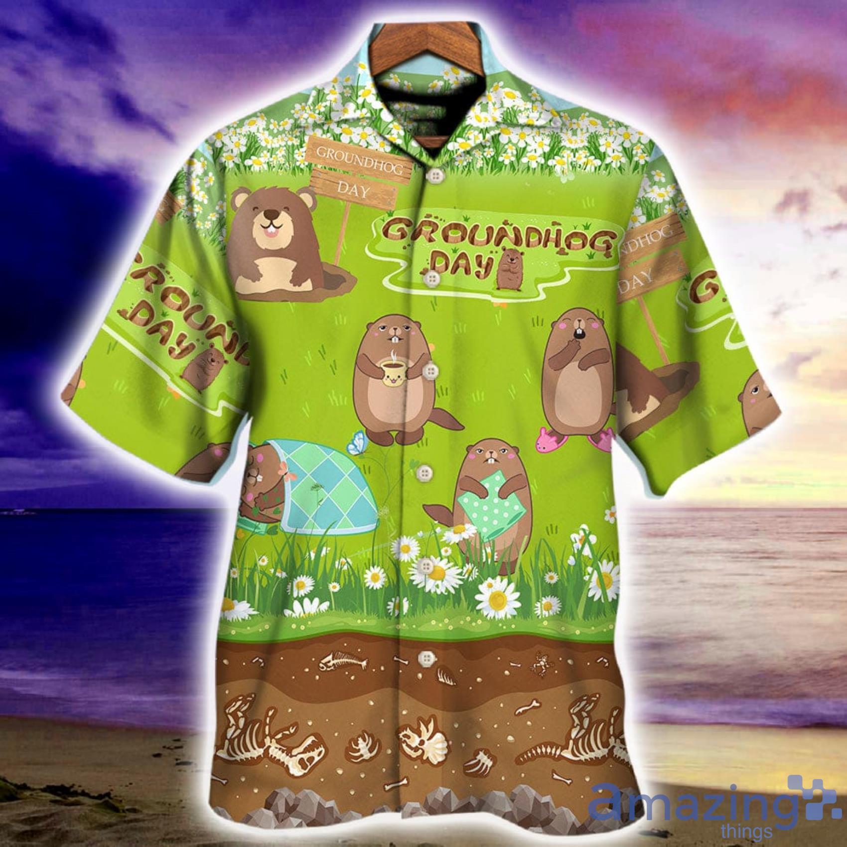 Groundhog Day Happy Spring Day With Grass Flowers Full Print Hawaiian Shirt image Groundhog Day Happy Spring Day With Grass Flowers Full Print Hawaiian Shirt Product Photo 2