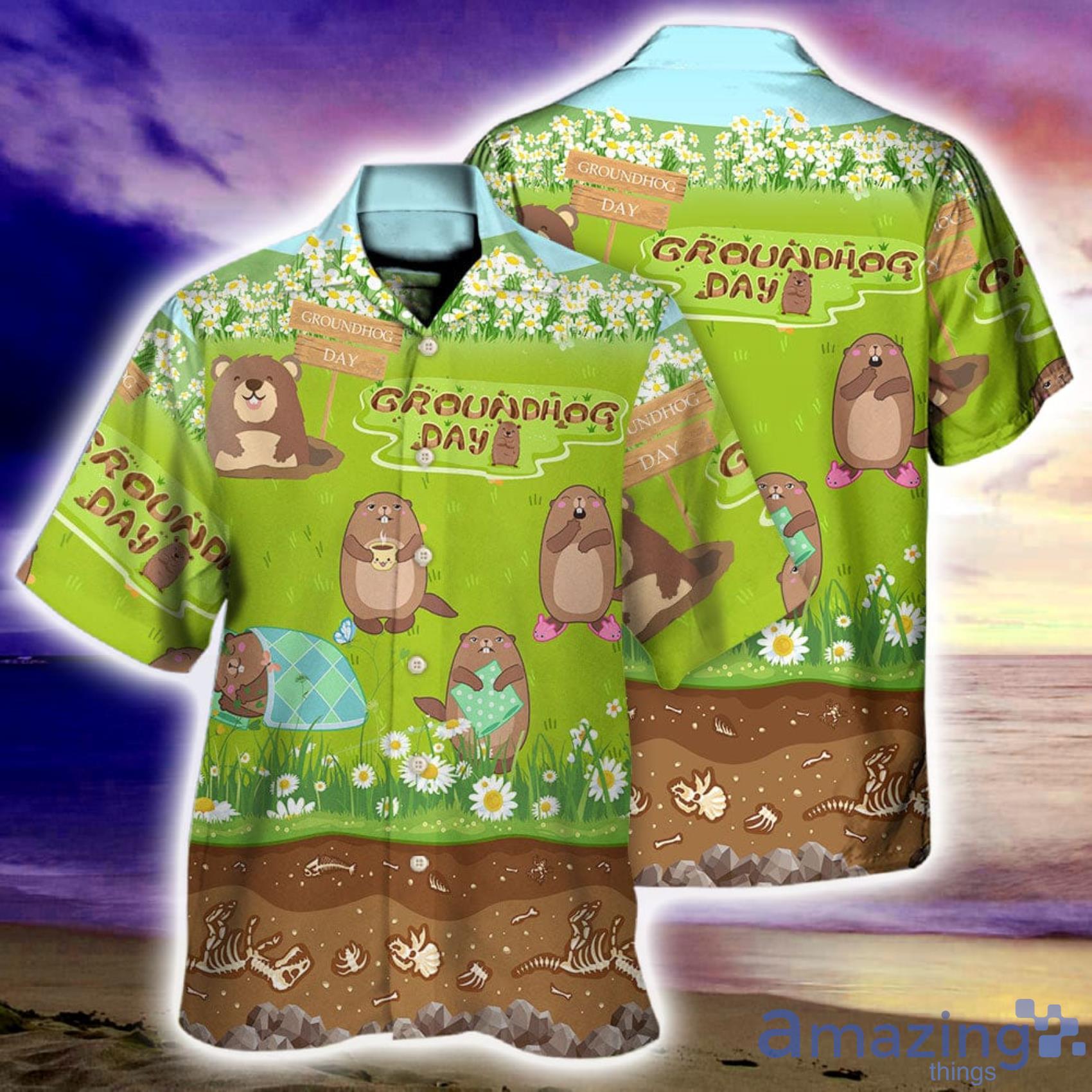 Groundhog Day Happy Spring Day With Grass Flowers Full Print Hawaiian Shirt image Groundhog Day Happy Spring Day With Grass Flowers Full Print Hawaiian Shirt Product Photo 3