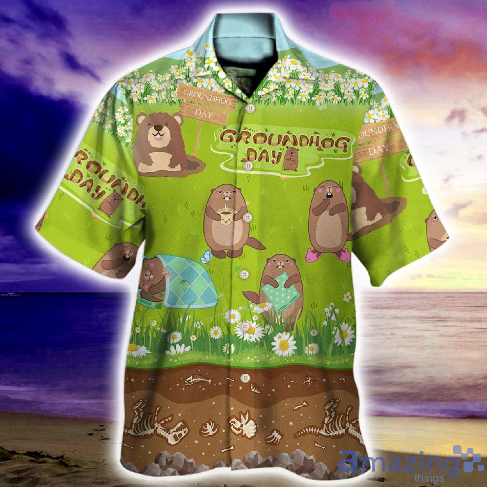Groundhog Day Happy Spring Day With Grass Flowers Full Print Hawaiian Shirt Product Photo 1 Groundhog Day Happy Spring Day With Grass Flowers Full Print Hawaiian Shirt Product Photo 1