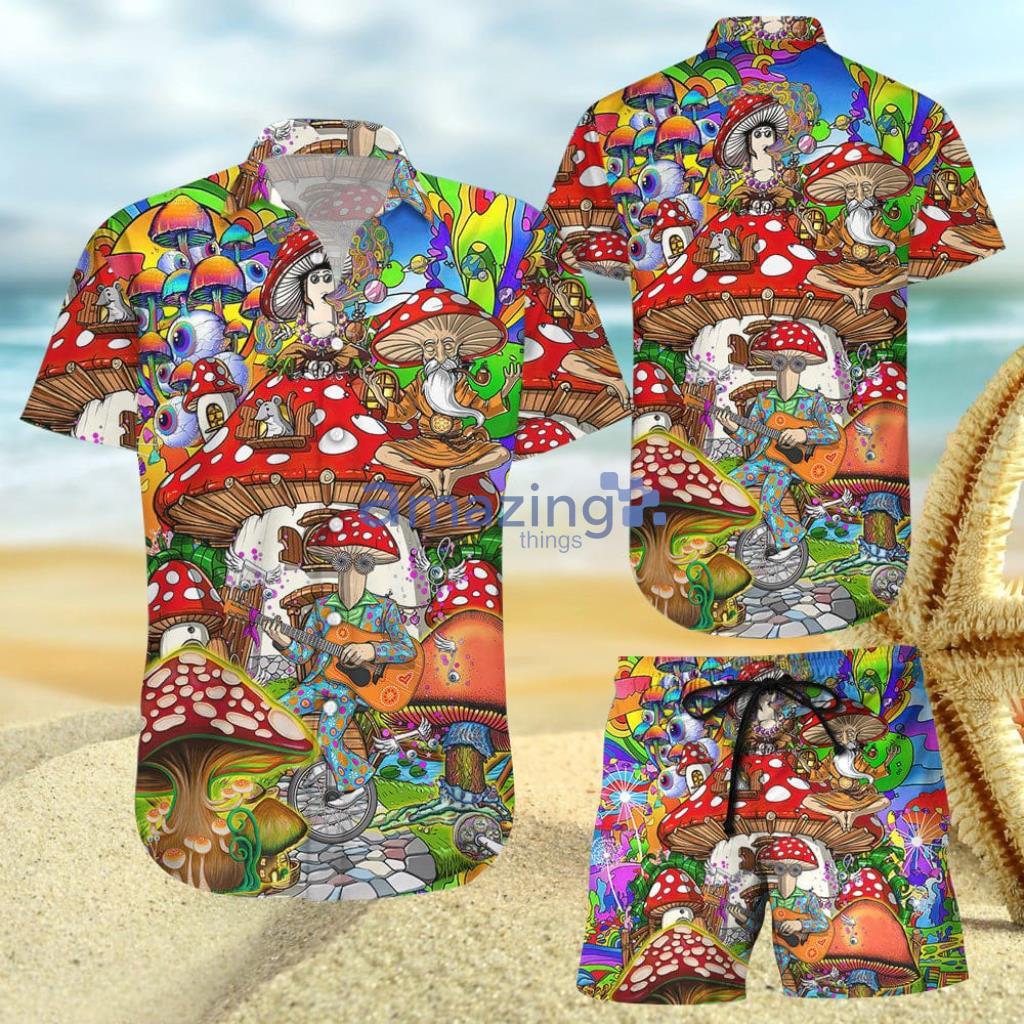 Guitar Hippie Mushrooms House Colorful Hawaiian Shirt And Short - Guitar Hippie Mushrooms House Colorful Hawaiian Shirt And Short