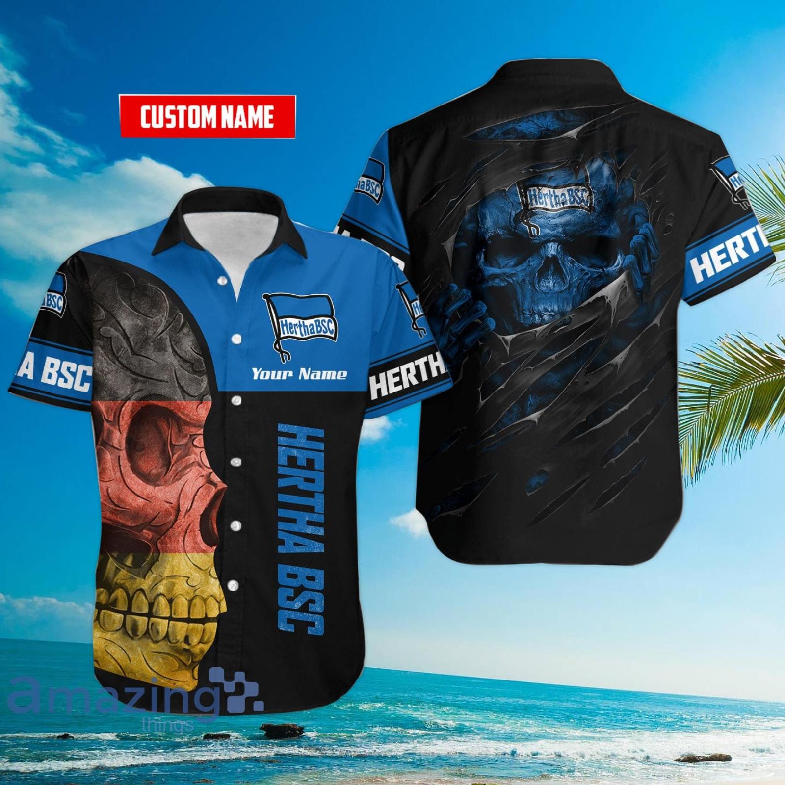 Hertha BSC Flag Skull Custom Name 3D Hawaiian Shirt For Fans Product Photo 1 Hertha BSC Flag Skull Custom Name 3D Hawaiian Shirt For Fans Product Photo 1