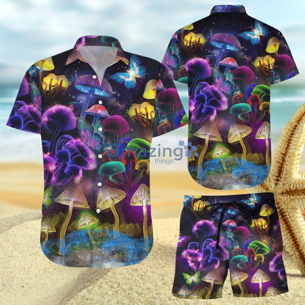 Hippie Mushroom Neon Light Butterfly Aloha Hawaiian Shirt And Short - Hippie Mushroom Neon Light Butterfly Aloha Hawaiian Shirt And Short
