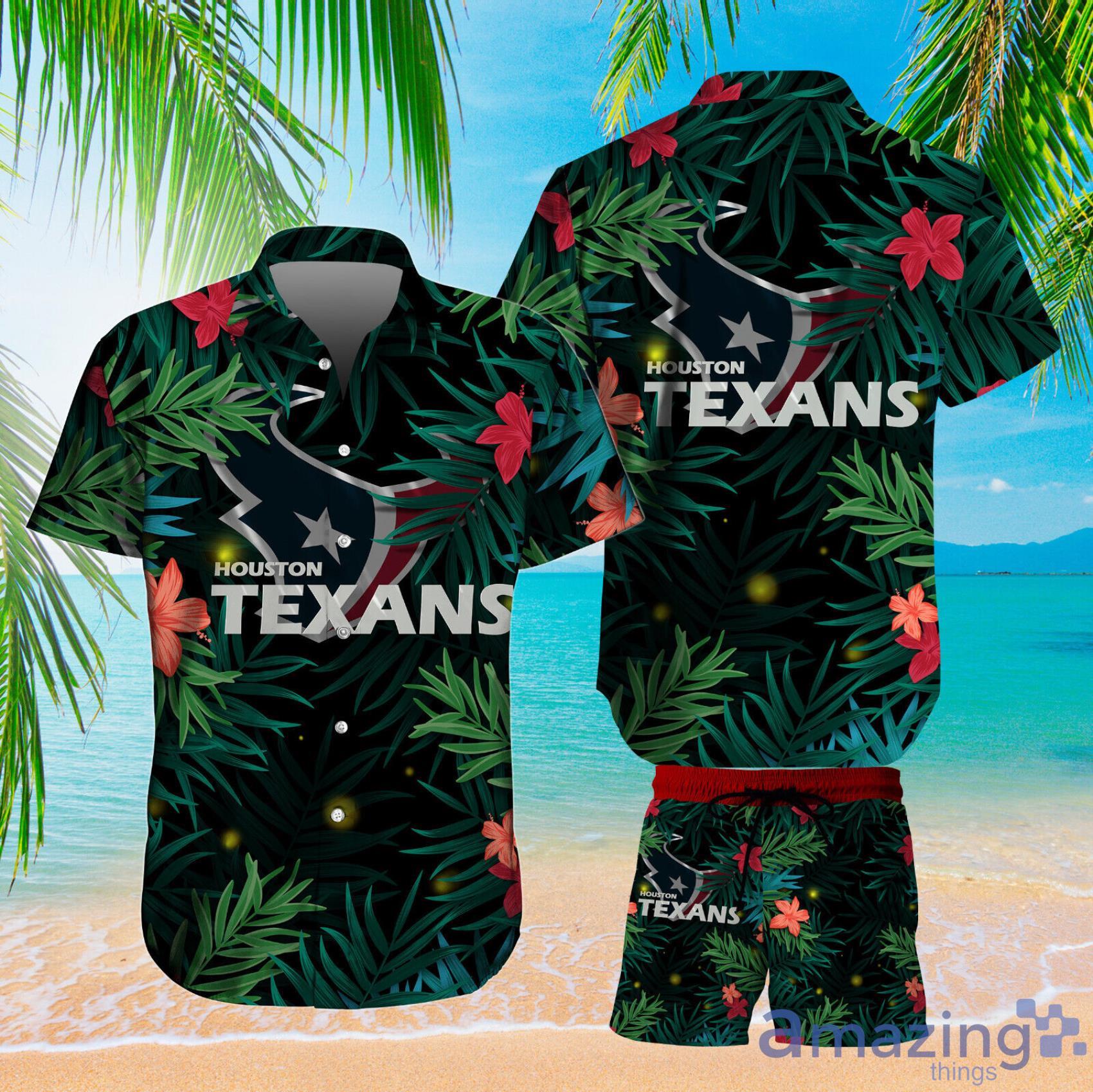 Houston Texans Green Tropical Leaves And Red Habicus Hawaiian Shirt And Short - Houston Texans Mens Button Down Shirt 5