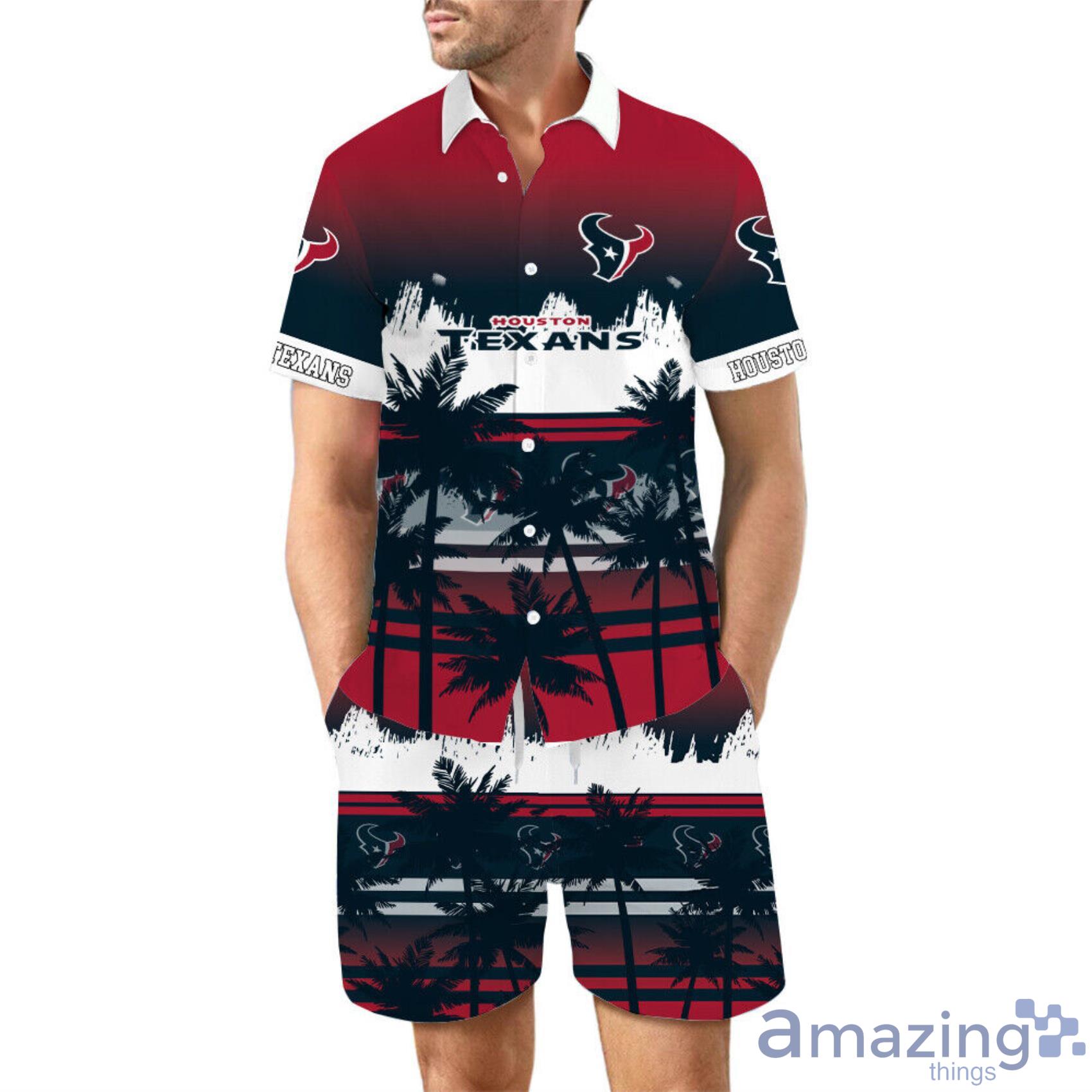 Houston Texans Palm Trees And Grunge Pattern Short Sleeve Hawaiian Shirt And Short Product Photo 1 Houston Texans Palm Trees And Grunge Pattern Short Sleeve Hawaiian Shirt And Short Product Photo 1