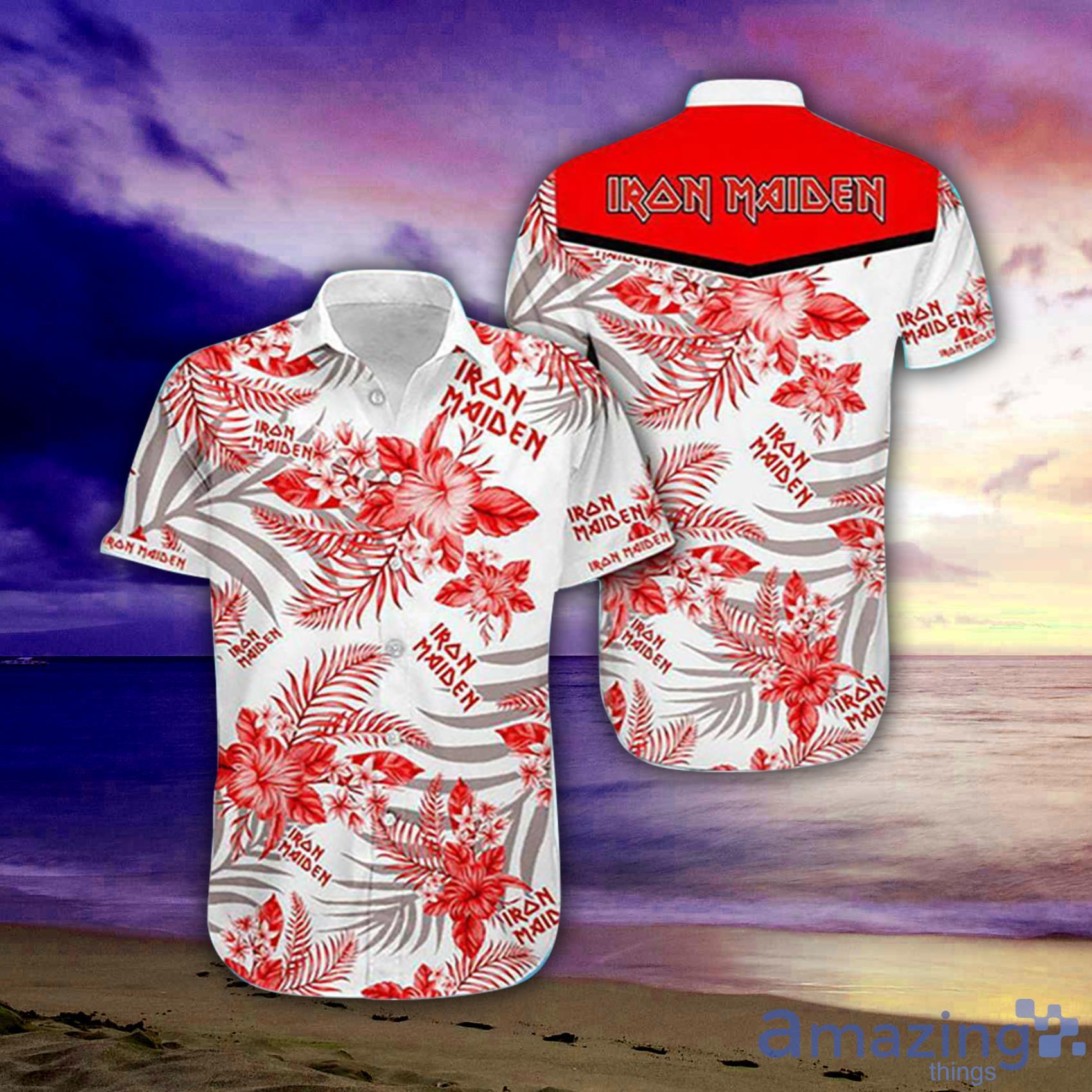 Iron Maiden Habicus And Tropical Leaf Red And White Short Sleeve Hawaiian Shirt Product Photo 1