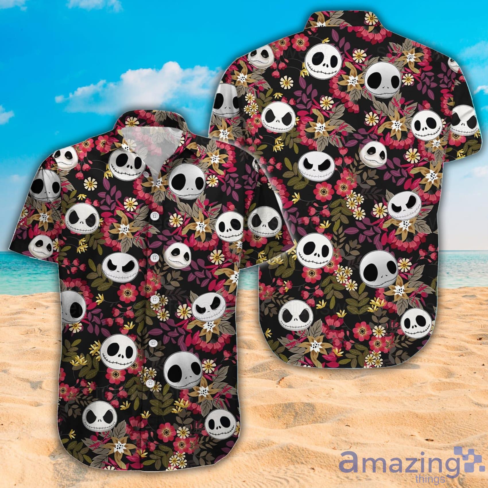 Jack Skellington Halloween And Red Florals Backgorund Hawaiian Shirt And Beach Short Product Photo 1