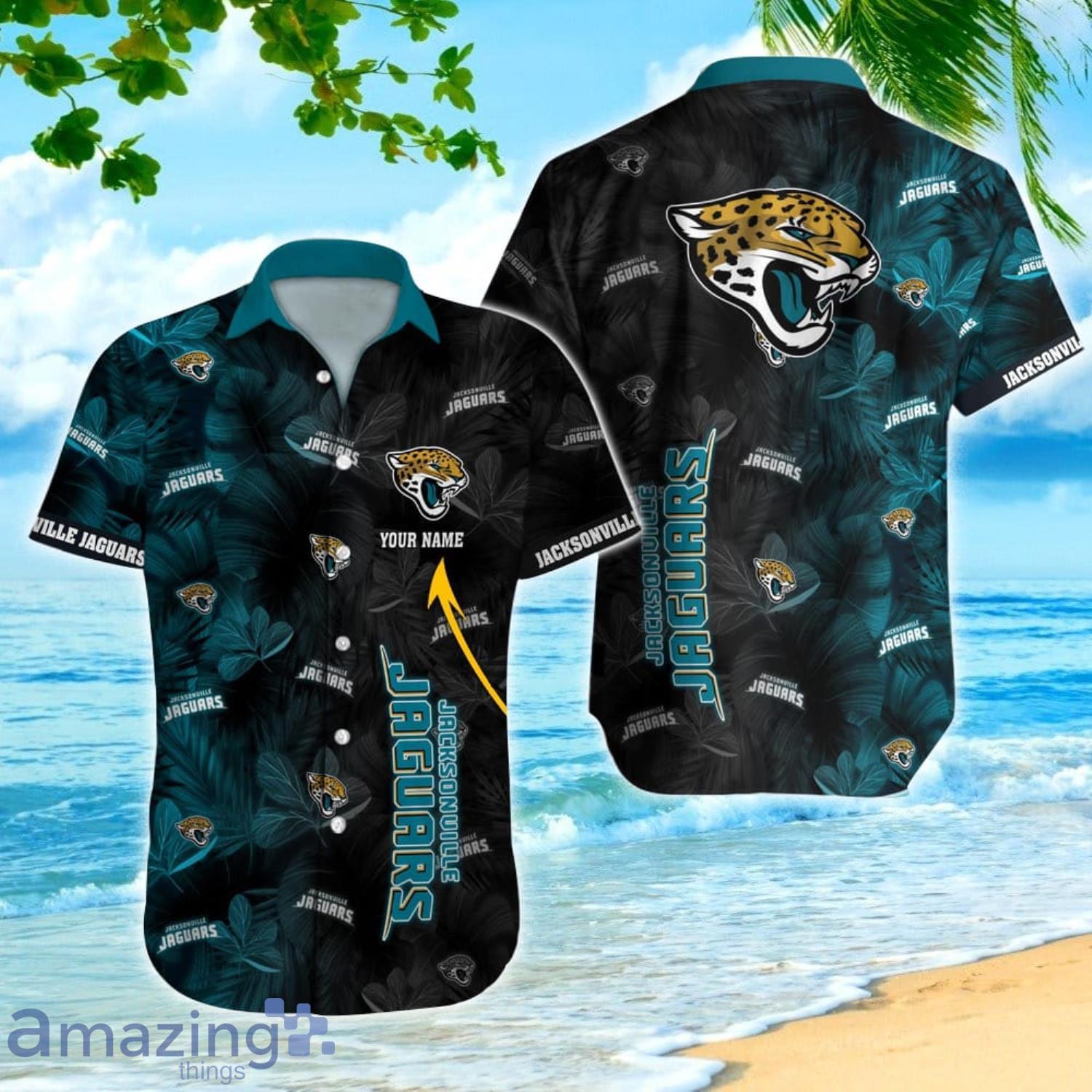 Jacksonville Jaguars NFL Leaf Pattern All Over Print Custom Name Hawaiian Shirt Summer Gift For Fans Product Photo 1 Jacksonville Jaguars NFL Leaf Pattern All Over Print Custom Name Hawaiian Shirt Summer Gift For Fans Product Photo 1