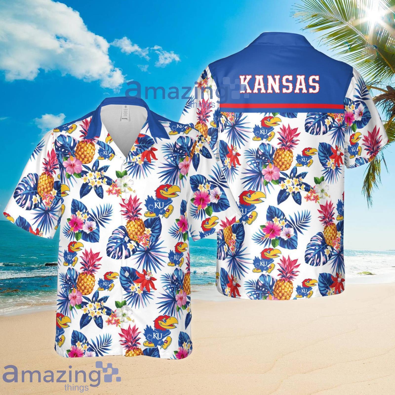 Kansas Jayhawks Pineapple Tropical Flower White And Blue Summer Set Hawaiian Shirt And Shorts Product Photo 1