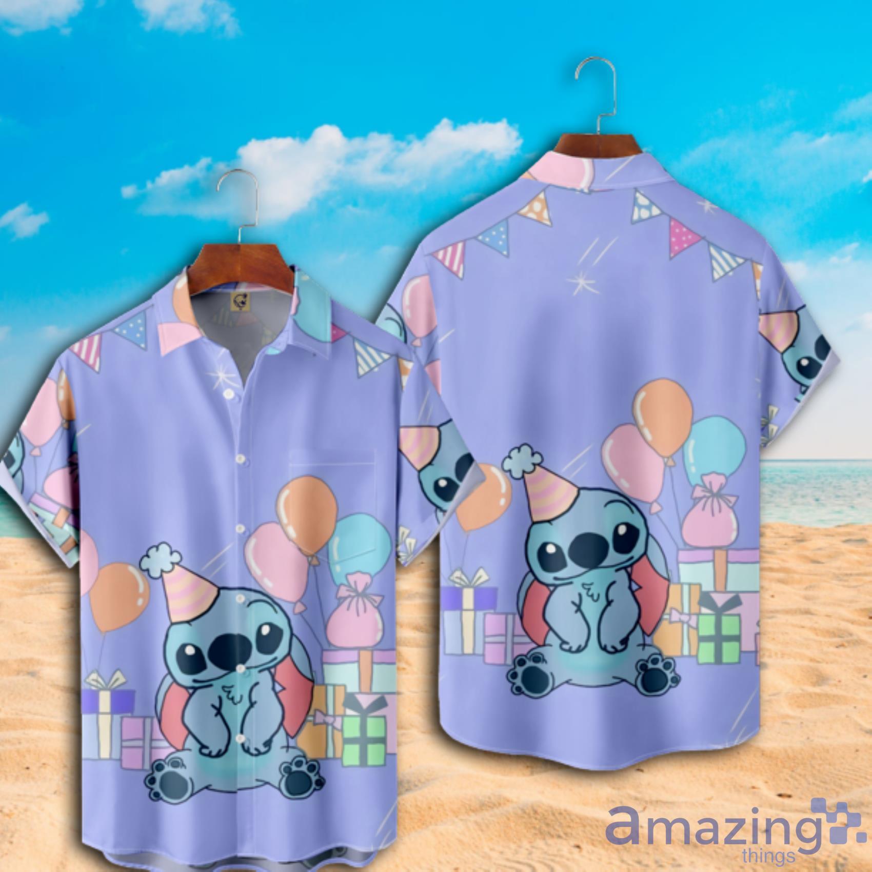 Lilo & Stitch And Balloon Purple Light Short Sleeve Hawaiian Shirt Product Photo 1