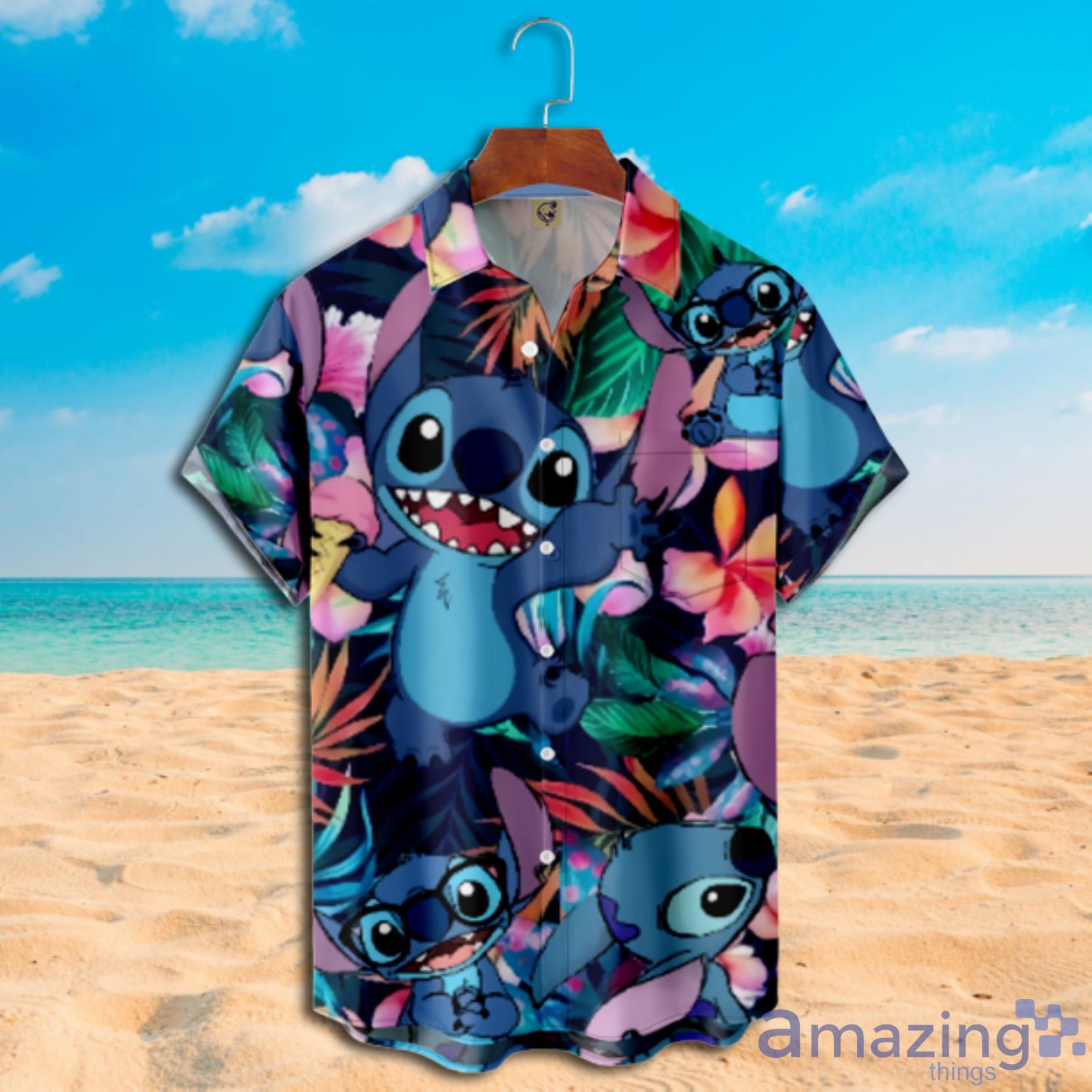 Lilo & Stitch Ohana Tropical Flowers Black Hawaiian Shirt Product Photo 1