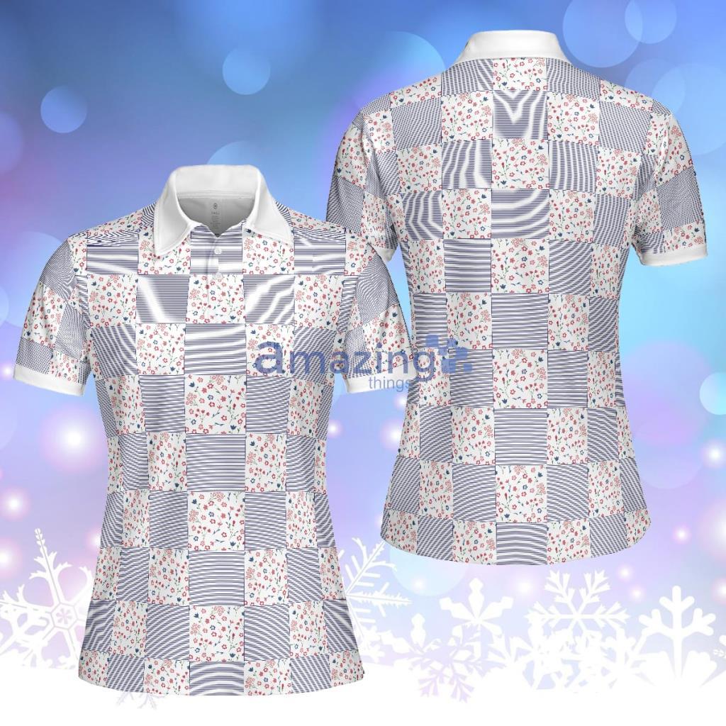 Little Flowers Blue Pink Plaid Short Sleeve Women Polo Shirt - Little Flowers Blue Pink Plaid Short Sleeve Women Polo Shirt