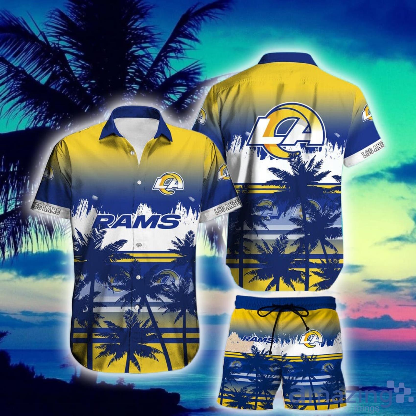 Los Angeles Rams Palm Trees And Grunge Pattern Short Sleeve Hawaiian Shirt And Short Product Photo 1