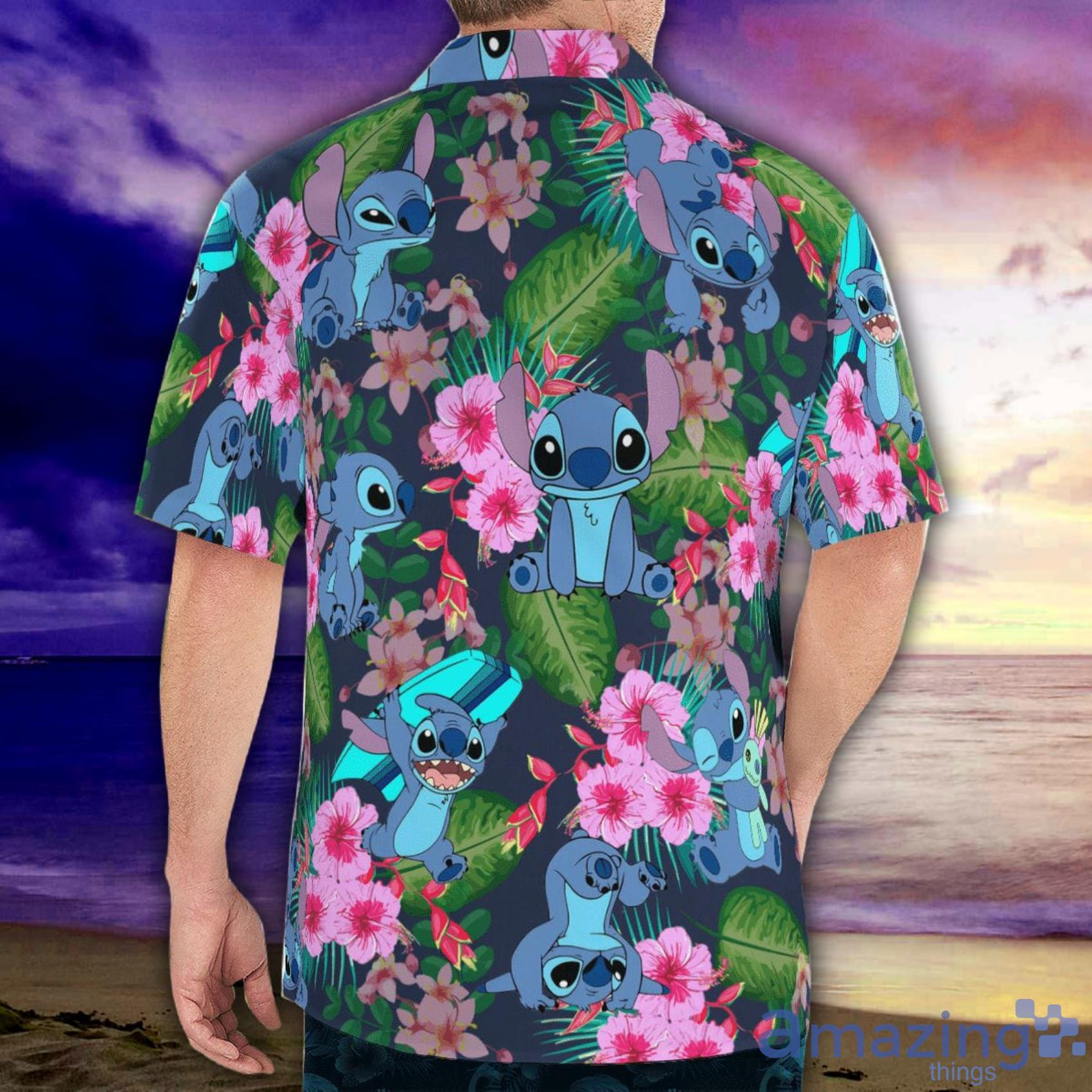 Lovely Stitch And Pink Tropical Flowers Watercolor Art Hawaiian Shirt & Beach Short Product Photo 1